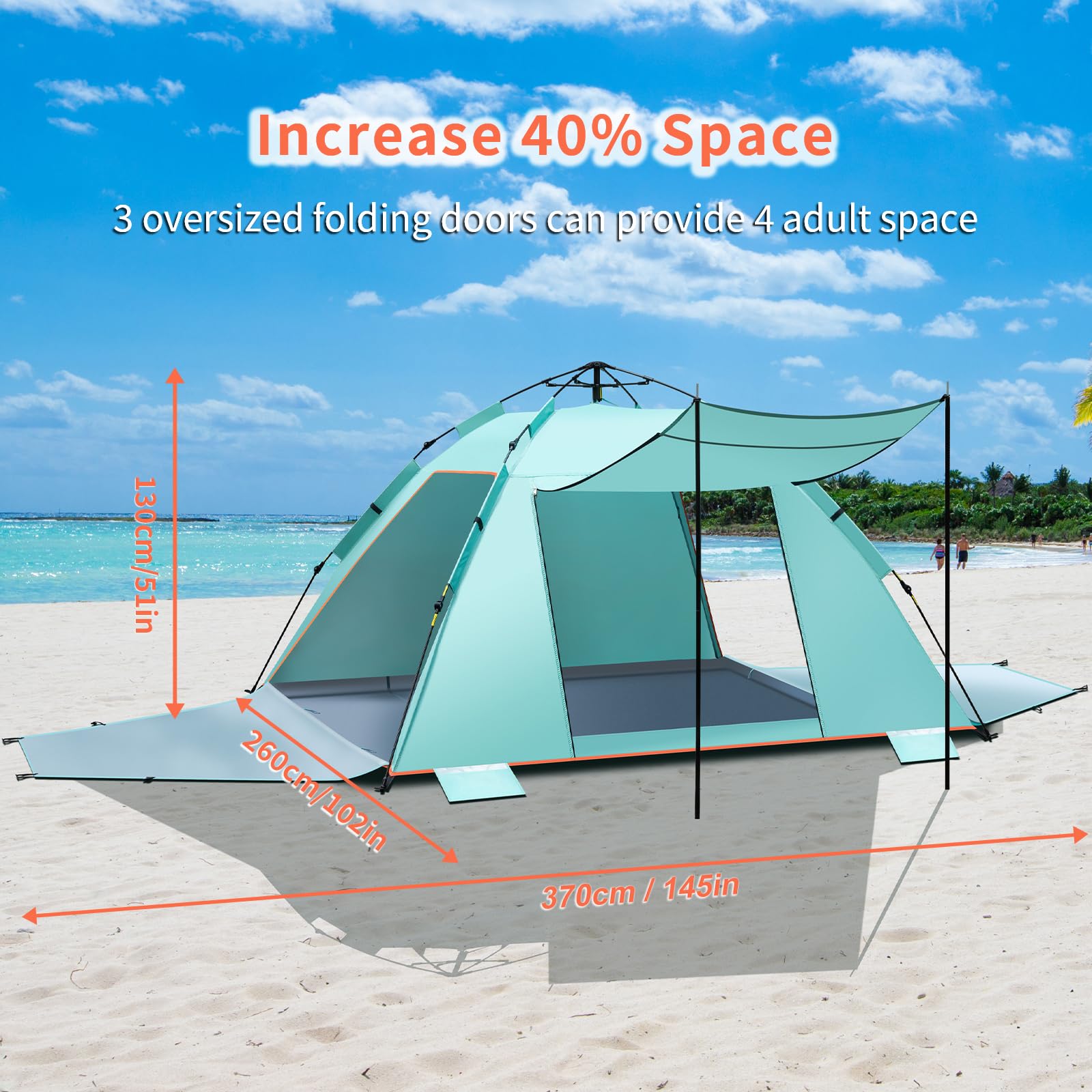 4-5 Person Instant Pop Up Automatisches Strandzelt, Extra großes tragbares belüftetes automatisches Sonnenschutz mit 3 erweiterbarer Veranda, UPF 50+ Easy Setup Strandmuschel für Picknick, Strand