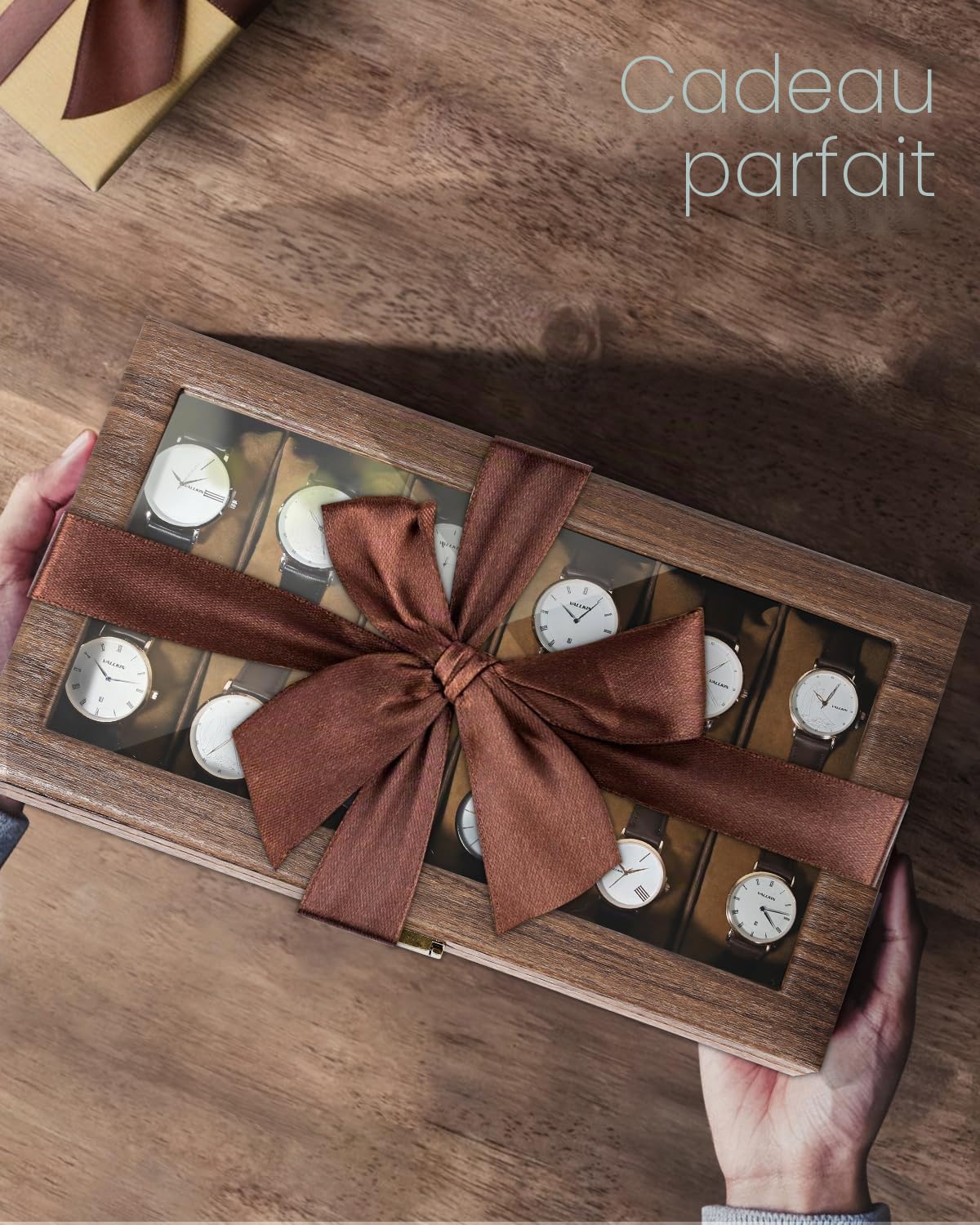 Uten Boîte à Montres avec 12 Compartiments, Vitrine de Montres, Boîte de Rangement pour Montres avec Coussin Amovible, Grain de Bois