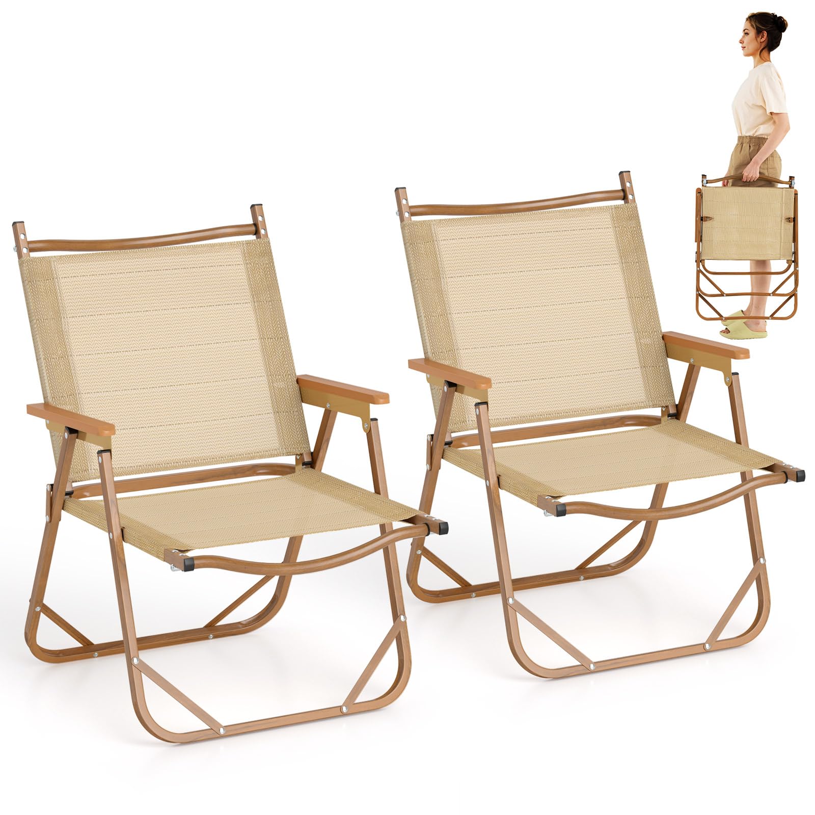 COSTWAY Set of 2 Folding Camping Chair, Portable Beach Chairs for Adults with Armrests, Outdoor Lightweight Picnic Fishing Seat for Garden Patio, 180kg Weight Capacity Each