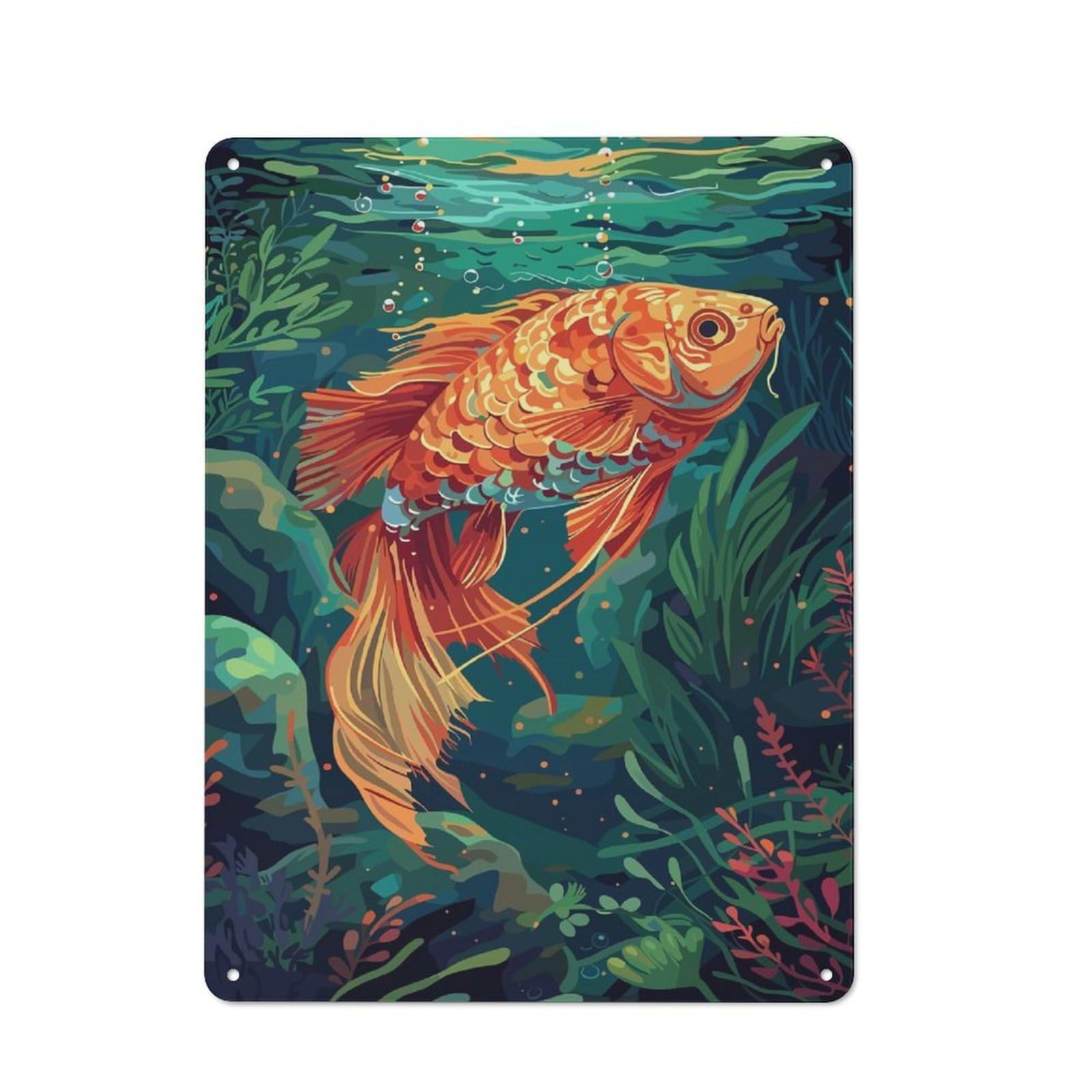 Junmoney Style-7 Tin Wall Plaque 40X30cm With Golden Fish Underwater For Guest Room Or Hallway, For Garage, Workshop And Man Cave Decoration
