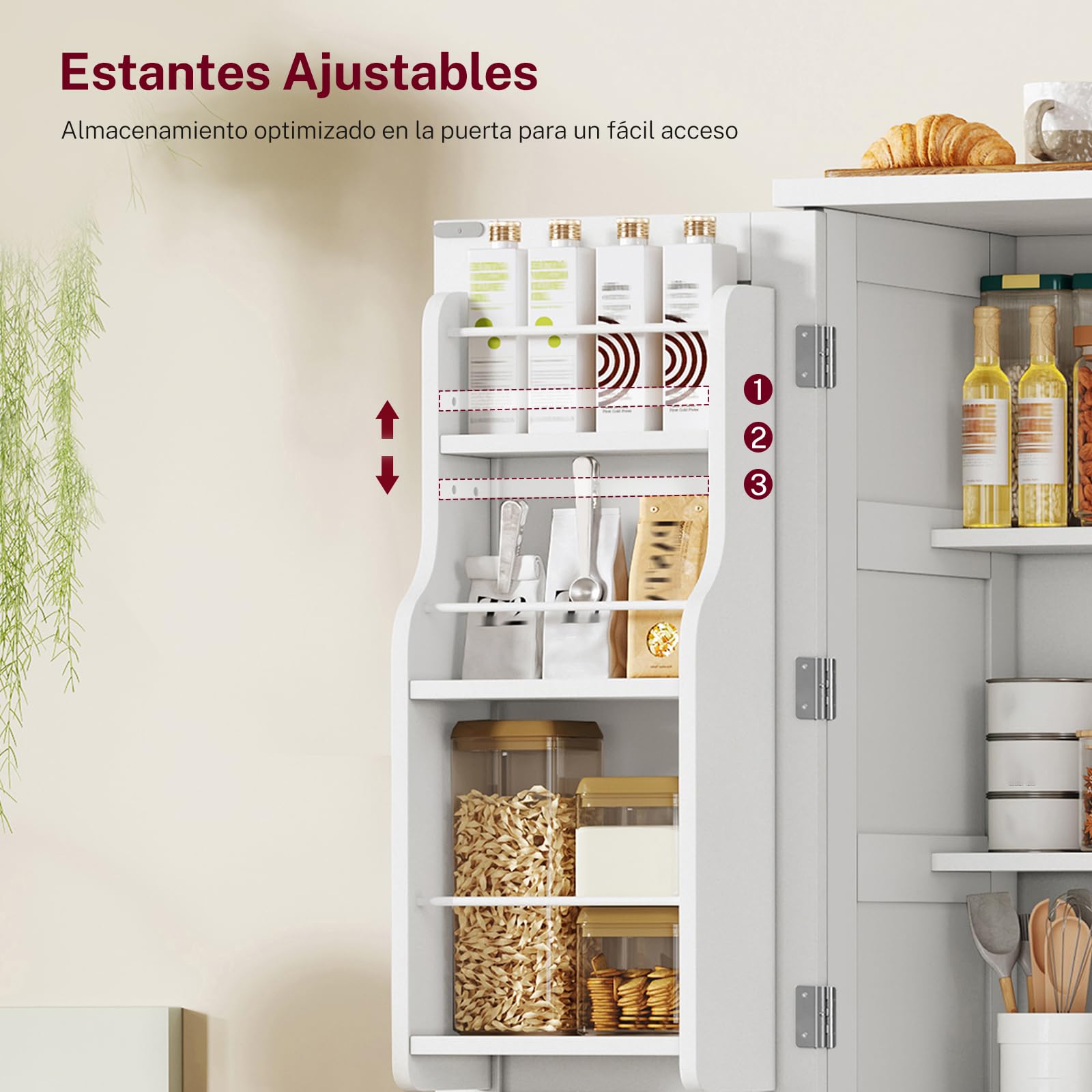 TEENFON Alacena de Cocina Alta y Despensa, Armario de 4 Puertas con 6 Estantes y 2 Compartimentos en la Puerta, Aparador y Mueble de Almacenaje Multiusos para Cocina, Salón, Comedor, 130 cm, Blanco