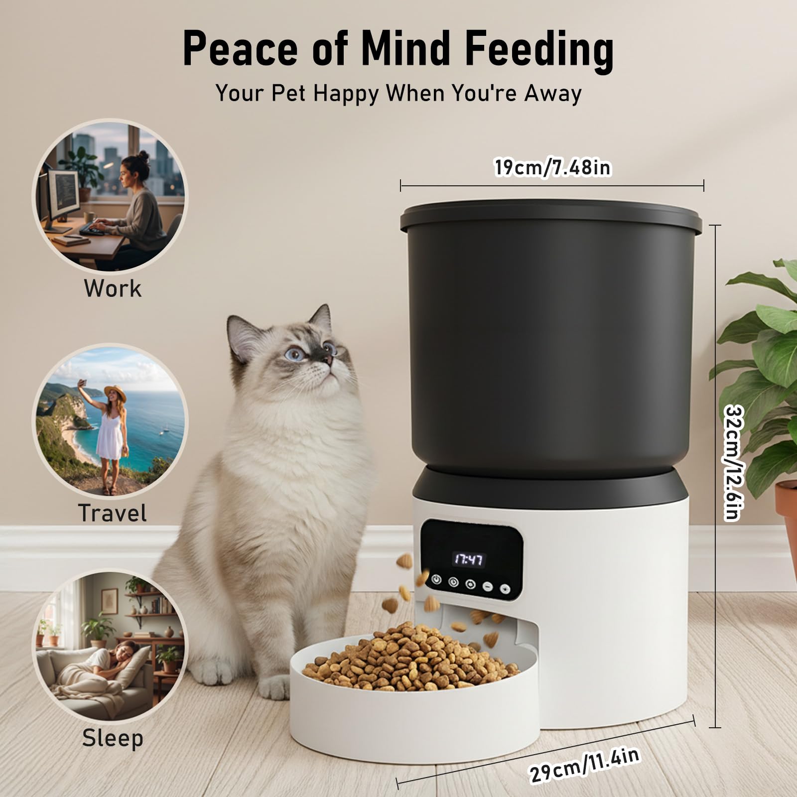 Comedero Gato Automatico, 4L Dispensador Comida Gatos y Perros, Comedero Automático para Gatos con Temporizador Programable, 1-9 Comidas al Día, Liofilizados Compatibles, para Perros/Gatos