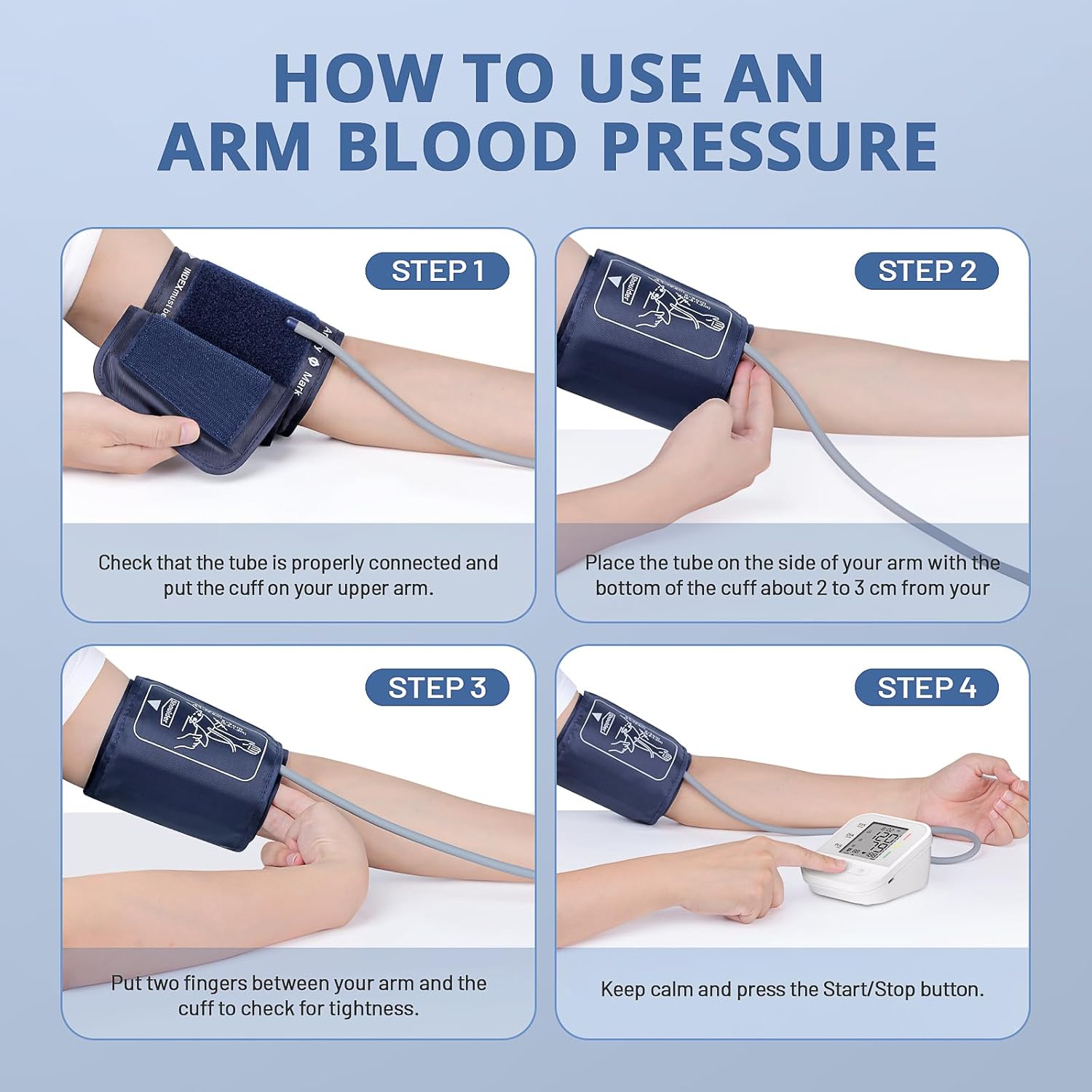 Four-step visual guide demonstrating how to correctly apply the arm cuff for an accurate blood pressure measurement.