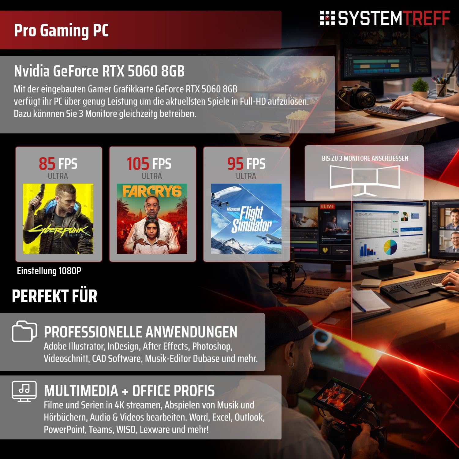 SYSTEMTREFF Gaming Komplett PC Set AMD Ryzen 7 5700 8x4.6GHz | Nvidia RTX 5060 8GB DX12 | 1TB M.2 NVMe | 32GB DDR4 RAM | Windows 11 | 27 TFT Monitor | Desktop Paket Computer für Gamer, Gaming