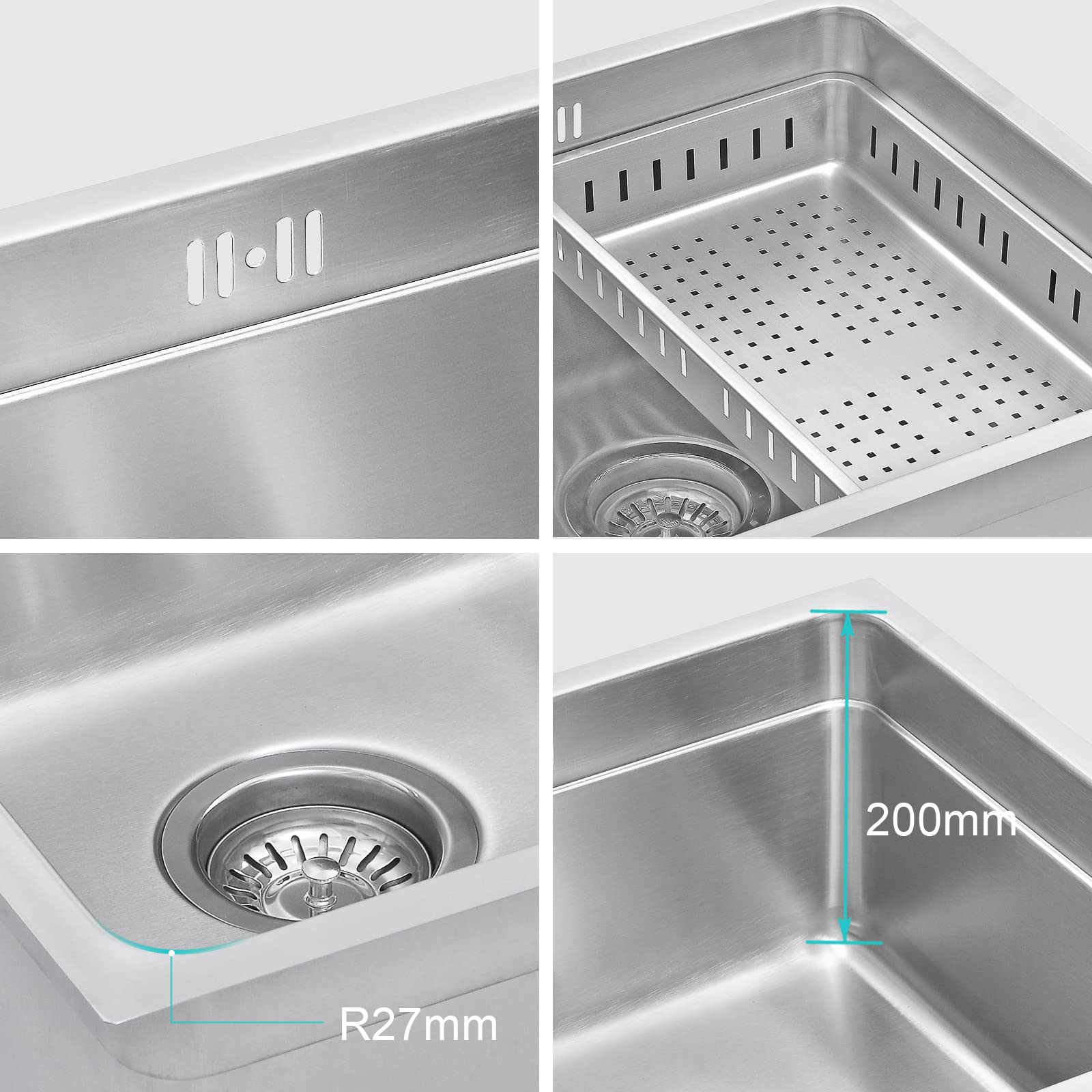JASSFERRY Fregadero de cocina un seno, de Acero Inoxidable, bajo encimera, con colador de residuos 490 x 440