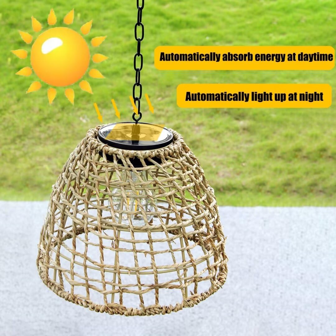 Lámpara Colgante Solar de Tejido de Pastos Marinos - Luz de Jardín y Techo al Aire Libre para Patio y Exterior