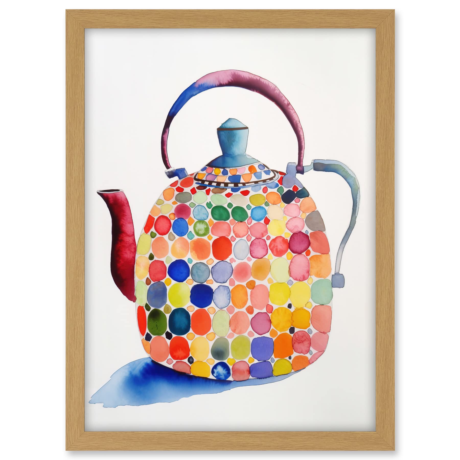 Artery8 Colourful Enamelled Teapot Tea Kettle Folk Art Watercolour Painting Artwork Framed A3 Wall Art Print