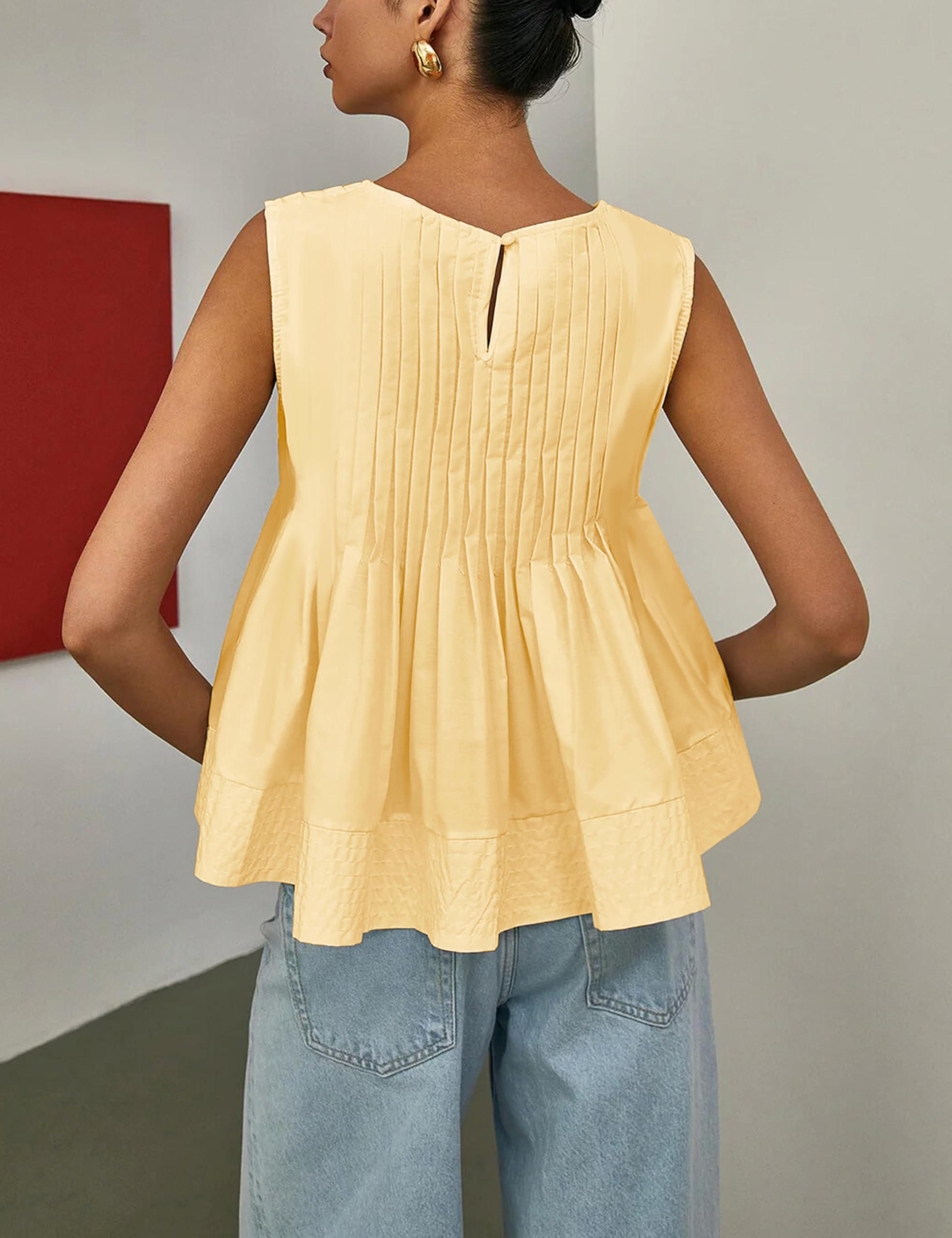 Megfie Blusa sin mangas plisada de verano para mujer, cuello redondo, estilo babydoll Y2K