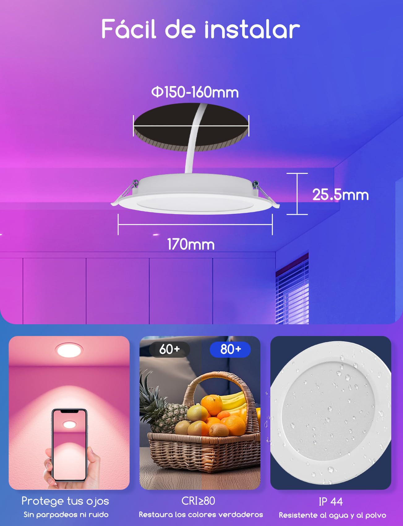 Aigostar 15W Downlight LED Techo Emportrable Inteligente, Focos Empotrada Bluethooth Mesh Compatible con Alexa, 1430LM RGB y Blanco Regulable 2700-6500K, con Control Remoto， IP44, Ф150-160mm, 4 Uds