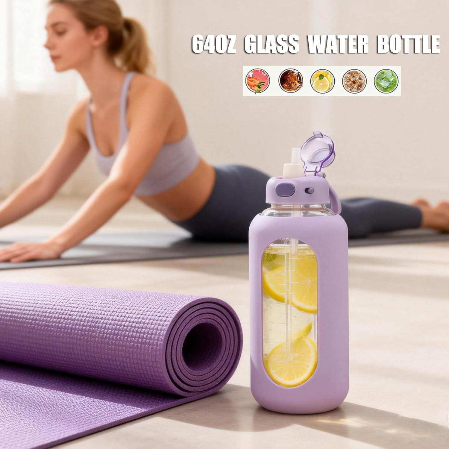 SIEROZUR 64 oz Glass Water Bottle with Straw and Handle Half Gallon Large Water Bottle with Silicone Sleeve and Time Marker Sports Water Jug Wide Mouth for Travel Gym