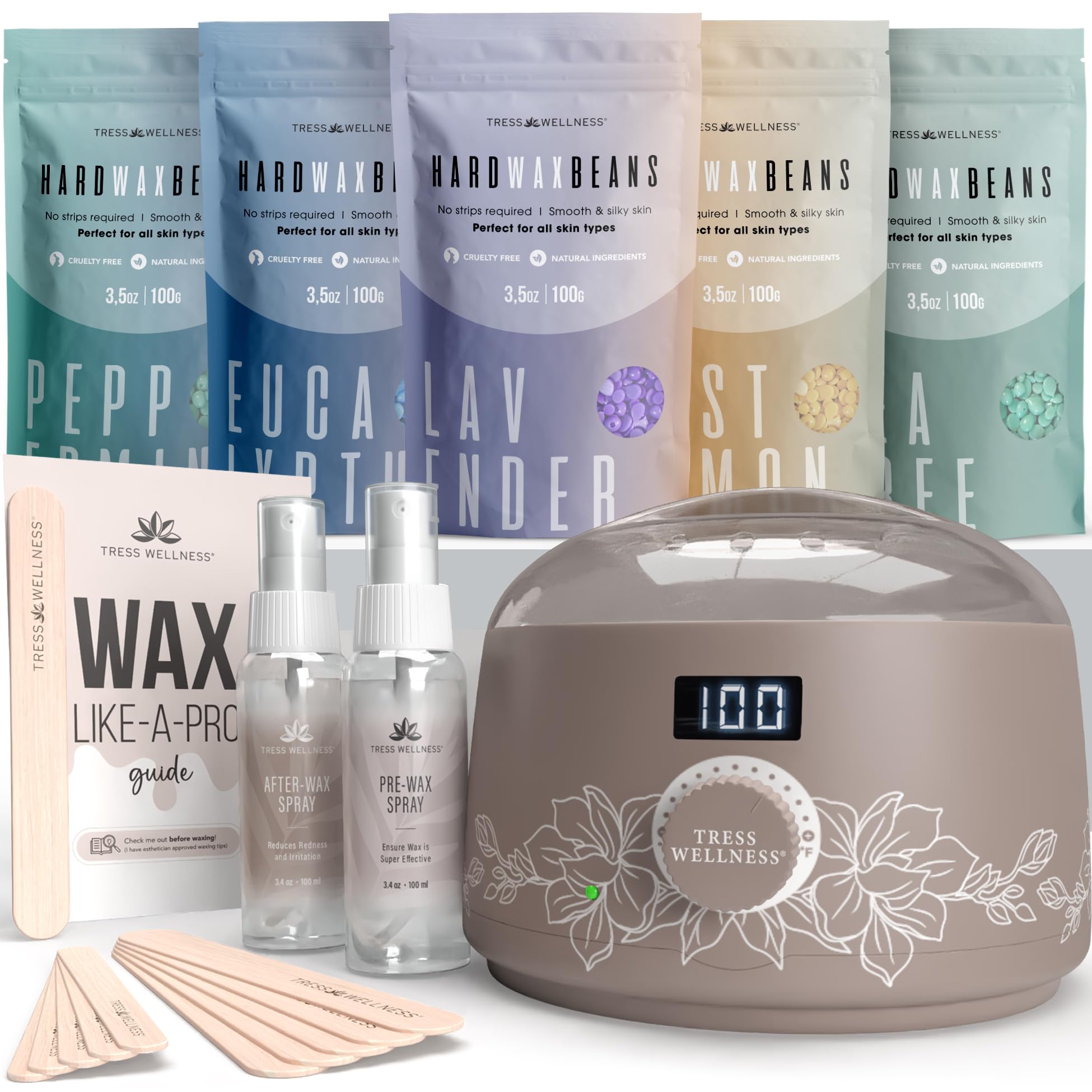 Tress Wellness Waxing Kit for Sensitive Skin – Safe for Face & Skin, Prep & Aftercare Spray, Easy to Use – At-Home Kit for Face, Bikini, Brazilian & Full Body - Digital Display, Dusty Chocolate