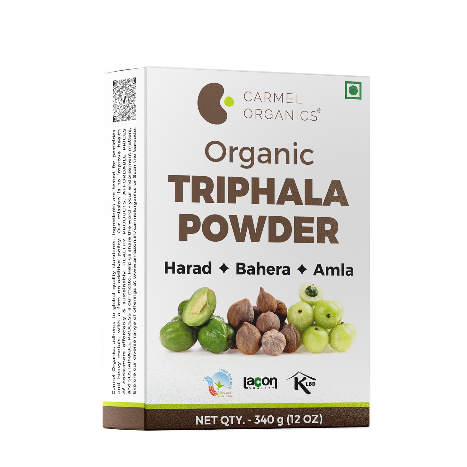 CARMEL ORGANICS Triphala Fruits Powder 340 Grams | Jaivik Bharat Certified | Triphala Churn | Helps Relieve Constipation | Non-GMO | No Added Preservatives