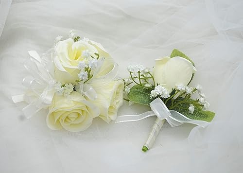 Uwedding Juego de ramillete de muñeca de rosa, ramillete de muñeca artificial y boutonniere para hombre, flor de seda hecha a mano para boda,