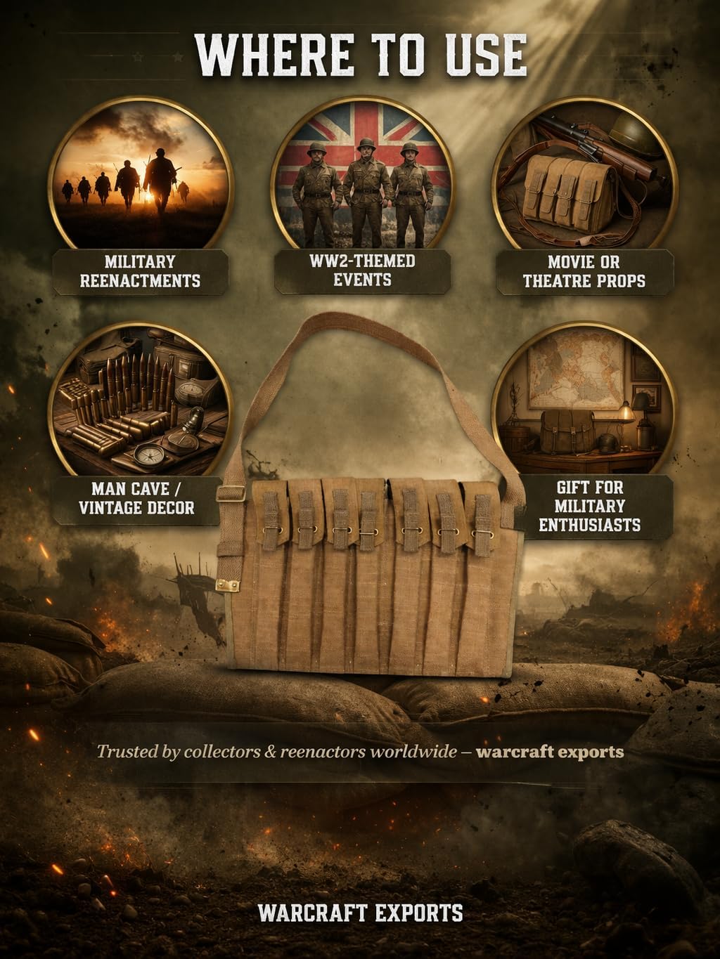 100% Canvas 7 Pocket 9mm Shoulder Bandolier Magazine for Britishers with Adjustable Strap & Flap Closure - Light Khaki