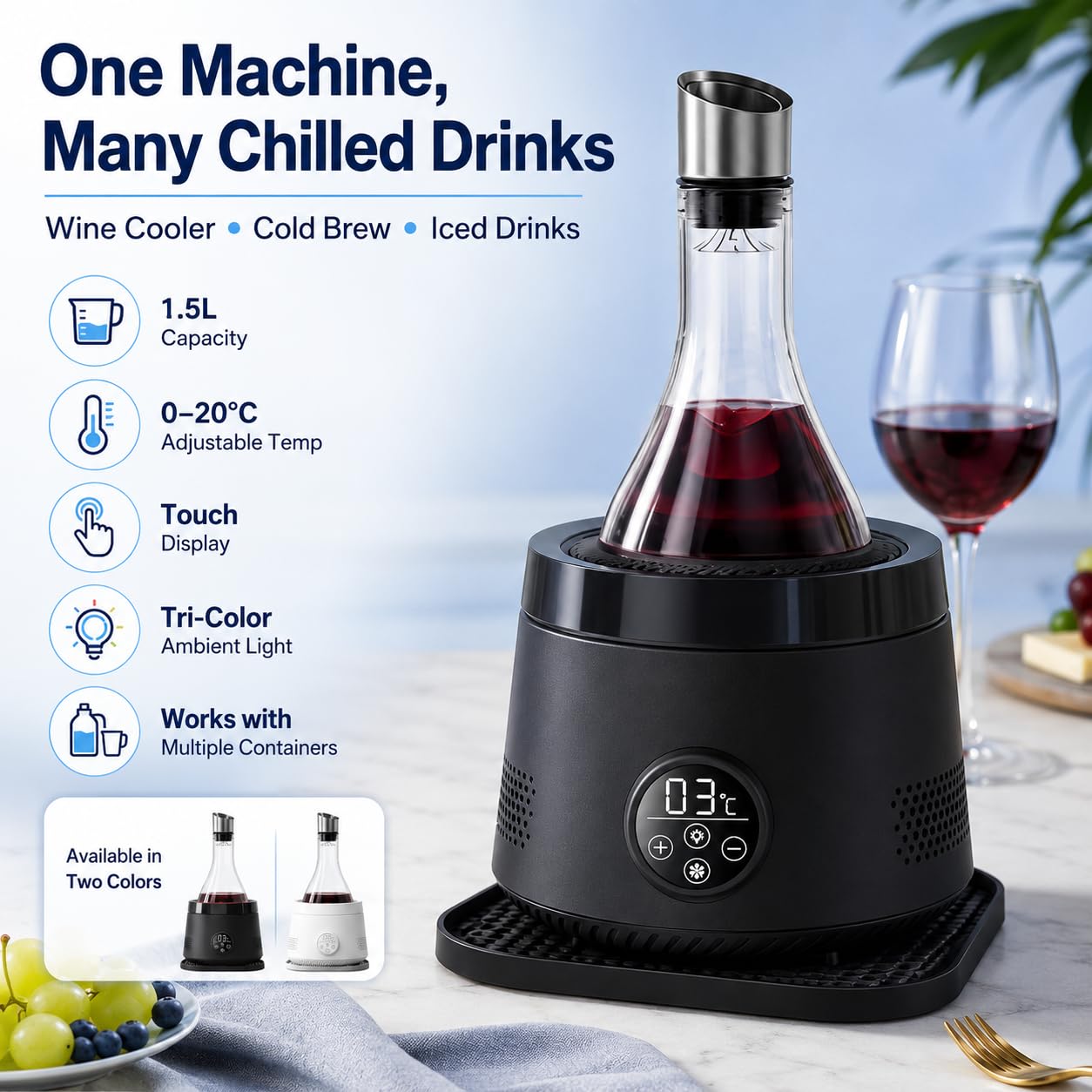 Enfriador eléctrico con aireador para Bar doméstico Black | Aireación rápida, enfriamiento ajustable, diseño elegante de encimera, vertido fluido, disfrute diario del vino