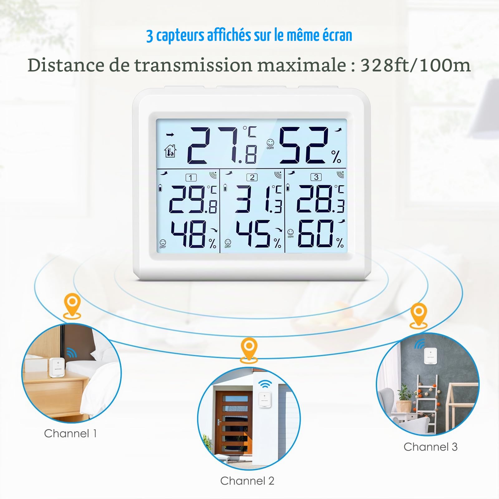 Brifit Thermomètre Hygromètre Numérique sans Fil avec 3 Capteurs, Thermomètre Connecté, Écran LCD, Enregistrement Min/Max, Commutateur ℃/℉, Thermomètre Intérieur et Extérieur pour Maison, Bureau-Blanc