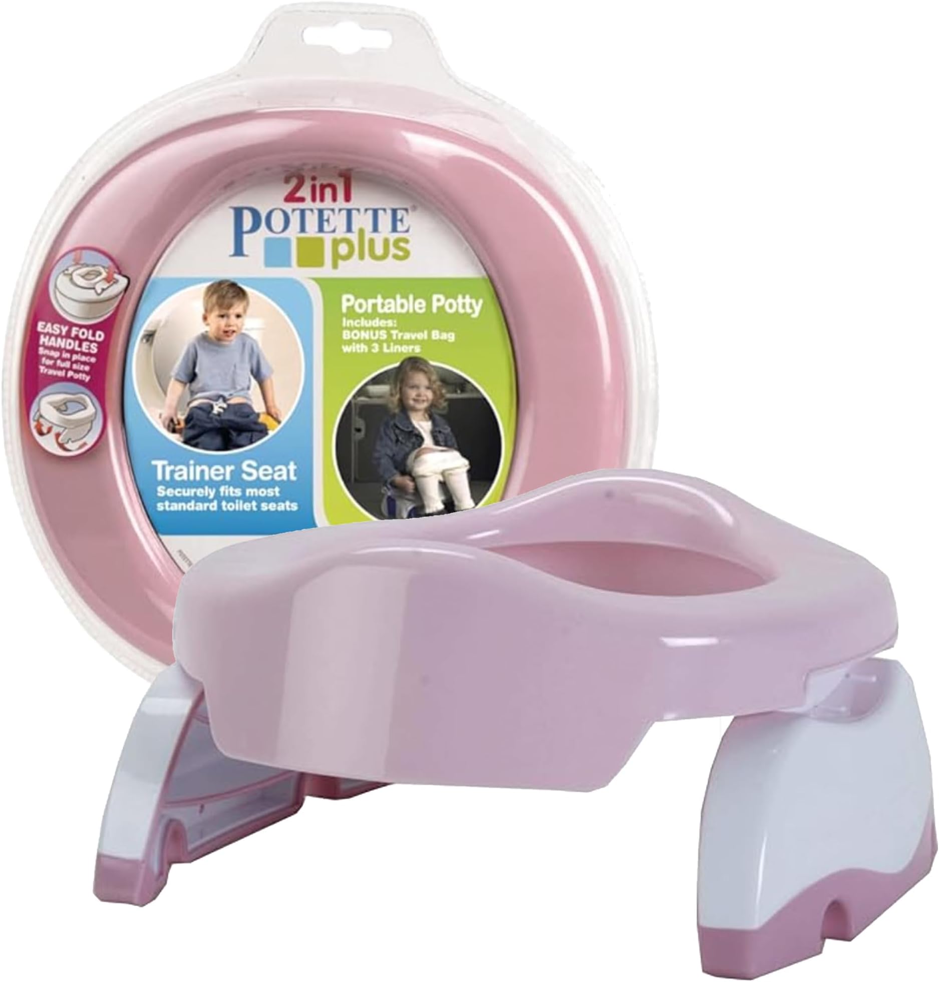 Potette Plus 2-in-1 Travel Potty and Trainer Seat - Dual-Purpose Potty Training Toilet Seat - Portable Potty for Toddler Travel - With Durable, Lock-In Legs and Splash Guard - Pastel Pink