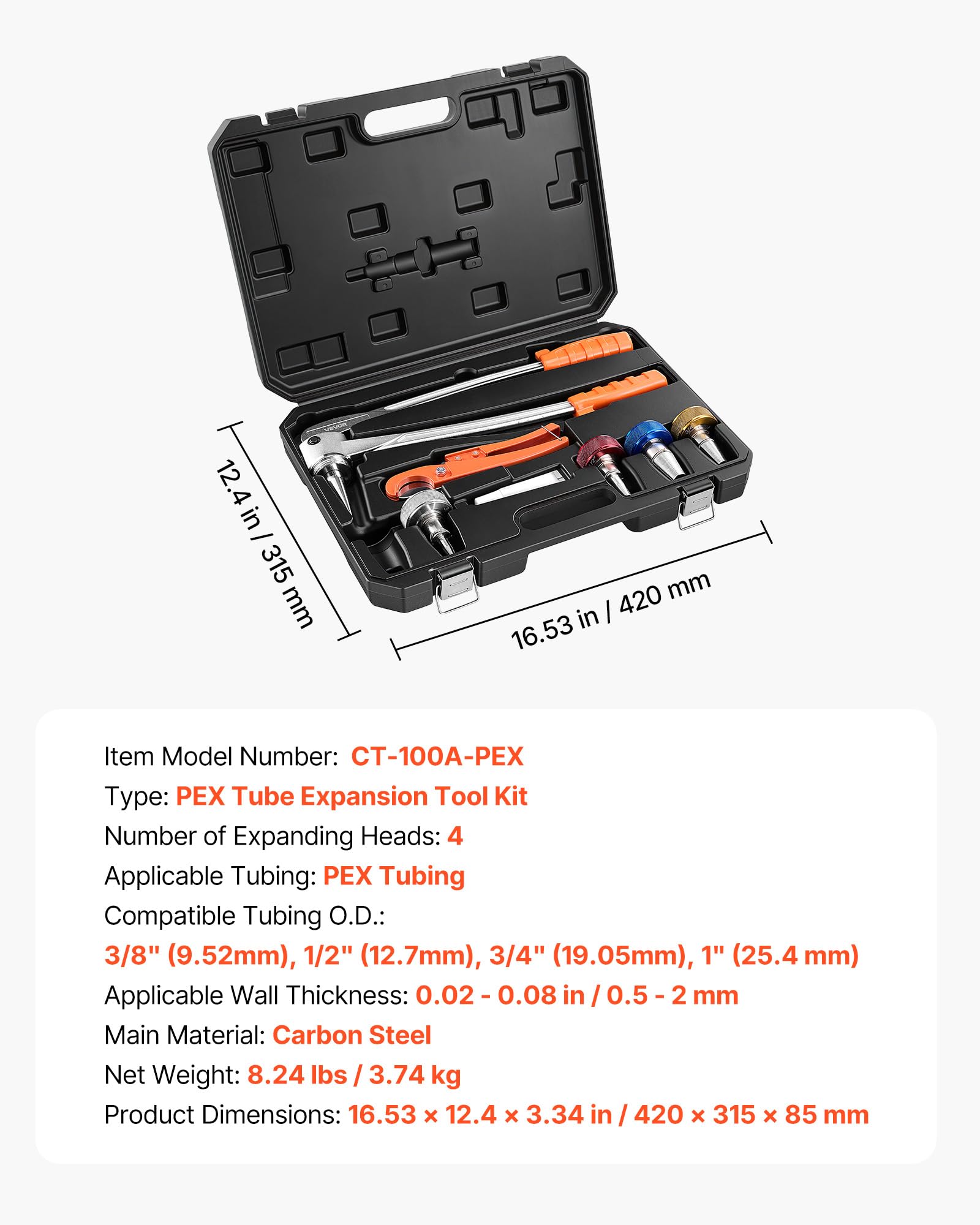 VEVOR 7 TLG. PEX-Rohrerweiterungswerkzeug-Set, Manueller Rohrexpander Satz mit 4 Formmatrizen für 9,52mm 12,7mm 19mm 25,4mm, PEX-Rohr-Expander mit Rohrschneider für Heizung & Wasserleitungssystem