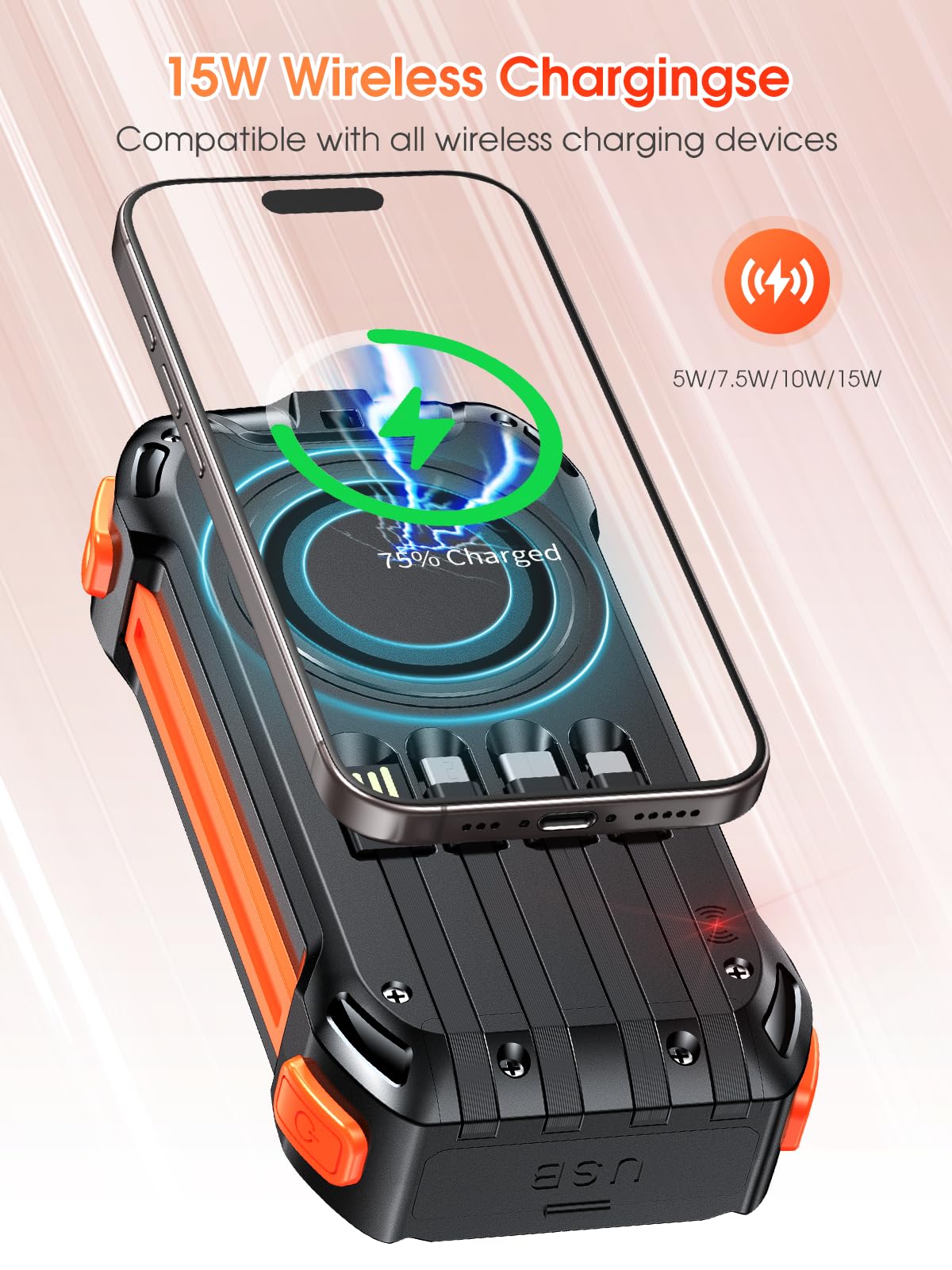 Batterie externe 26800 mAh, charge rapide PD 30 W, chargeur sans fil avec 4 câbles intégrés, 3 ports, lampes de poche LED, batterie portable pour téléphones, tablettes, camping (orange)