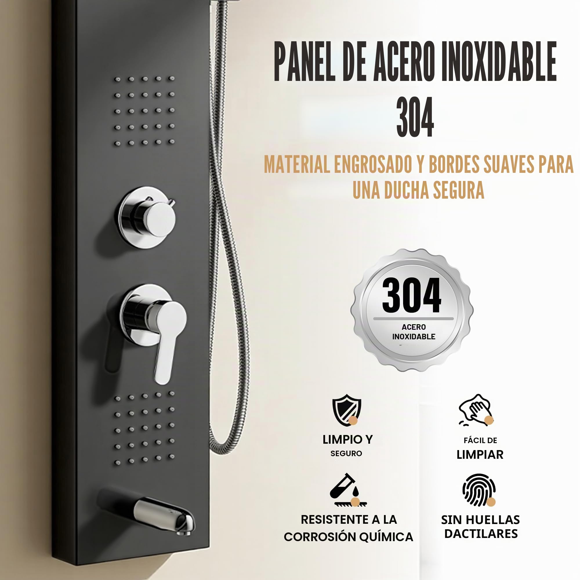 Columna de Ducha Hidromasaje STANEW,Pantalla LED Temperatura, Grifo de 5 Funciones, lluvia, Cascada, Masaje, Boquilla de Bañera y Cabezal de Ducha con Manguera, Acero Inoxidable Cepillado (Negro)