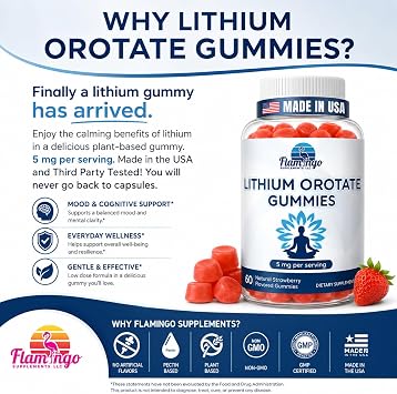 Lithium Orotate Gummies 5mg (Per Serving) Chewable Lithium Supplement Gentle Daily Support Vegan, Non-GMO 60 Gummies