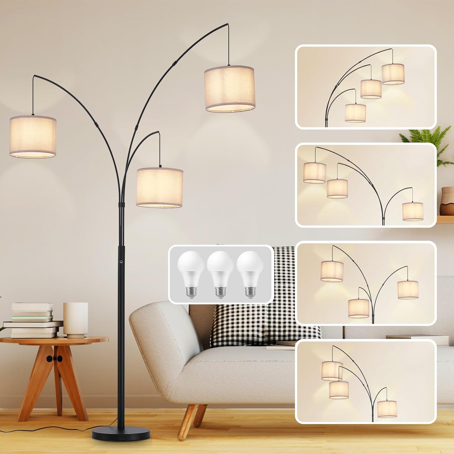 DLLT Modern Floor Lamp for Room: 3-Light Black Tree Dimmable Floor Lamps with Black Shades for Living Room - Arc Standing Lamp for Bedroom - Tall Floor Lamp for Office Corner 3 LED Bulbs Included