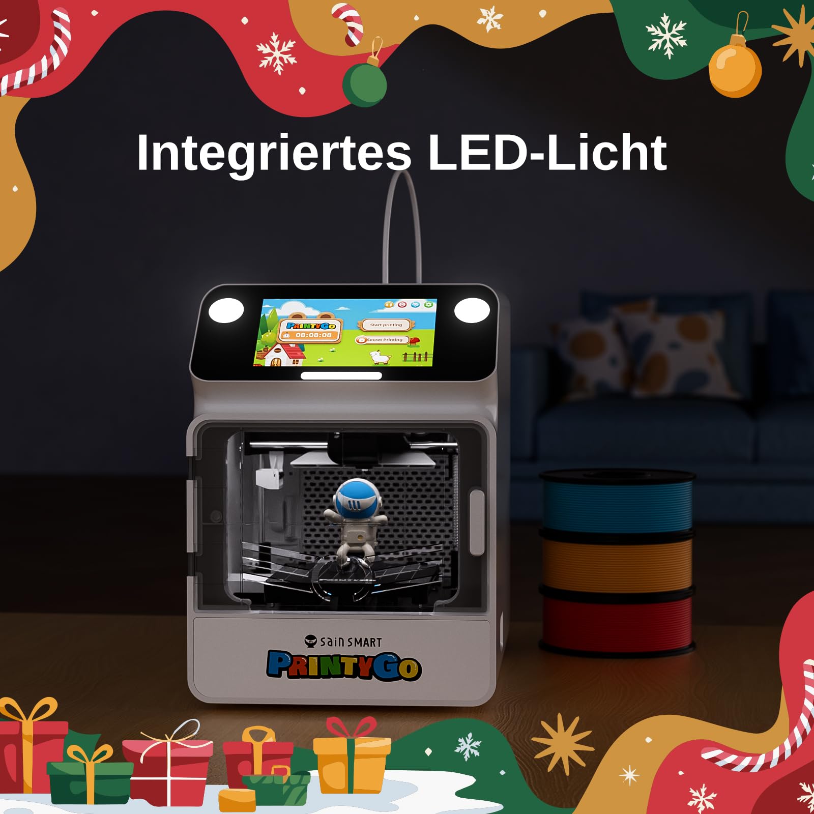 SainSmart PrintyGo Mini 3D-Drucker für Kinder – 600 mm/s Auto-Leveling, 5"-Touchscreen, 1500+ Modelle, Kindersicher, Wi-Fi/App-Steuerung, Vormontiert – Perfektes STEM-Lernspielzeug