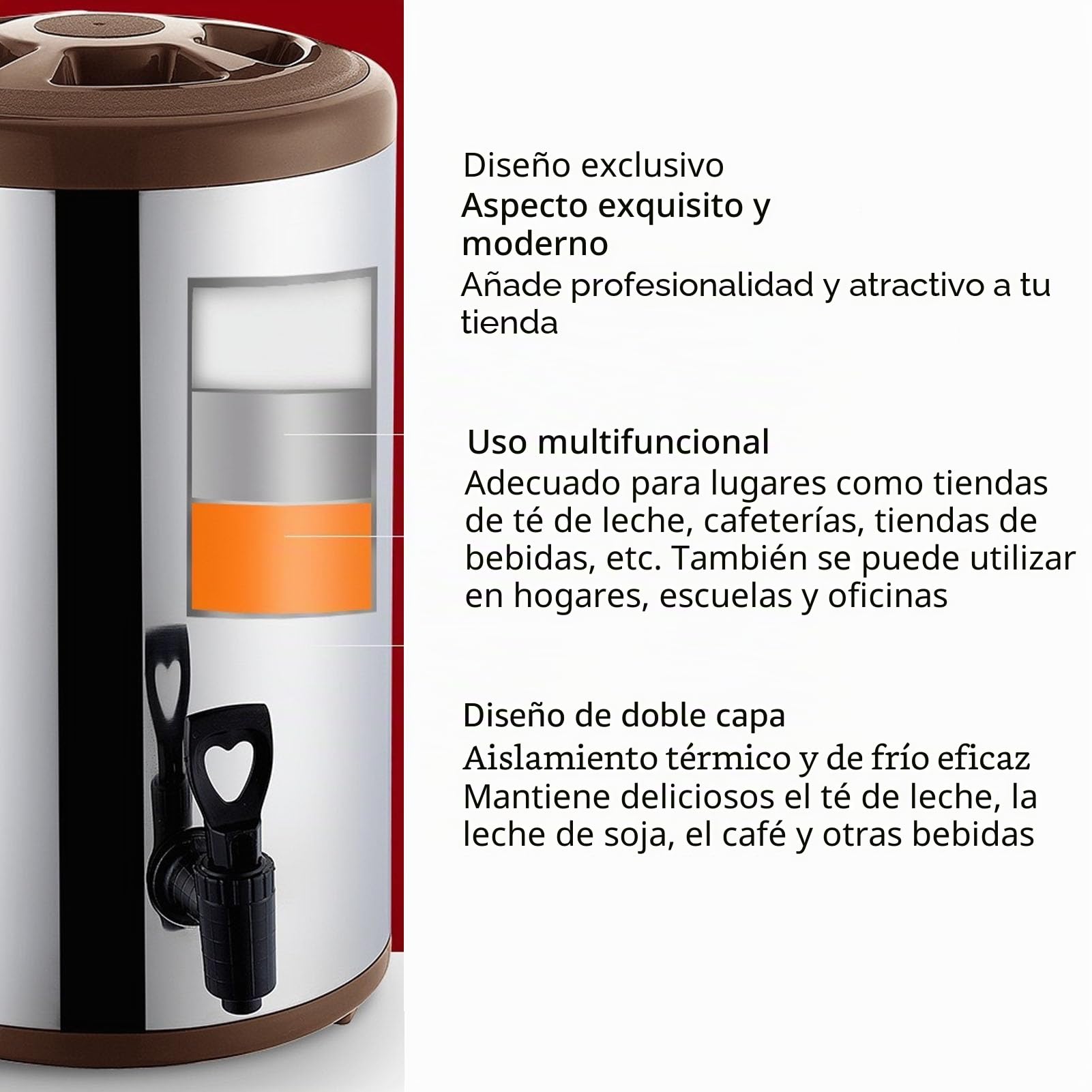 Dispensador de bebidas aislado, 8 litros/2 galones, acero inoxidable, doble capa, térmico, para café caliente y frío, con espiga para té y café, jugo de leche fría