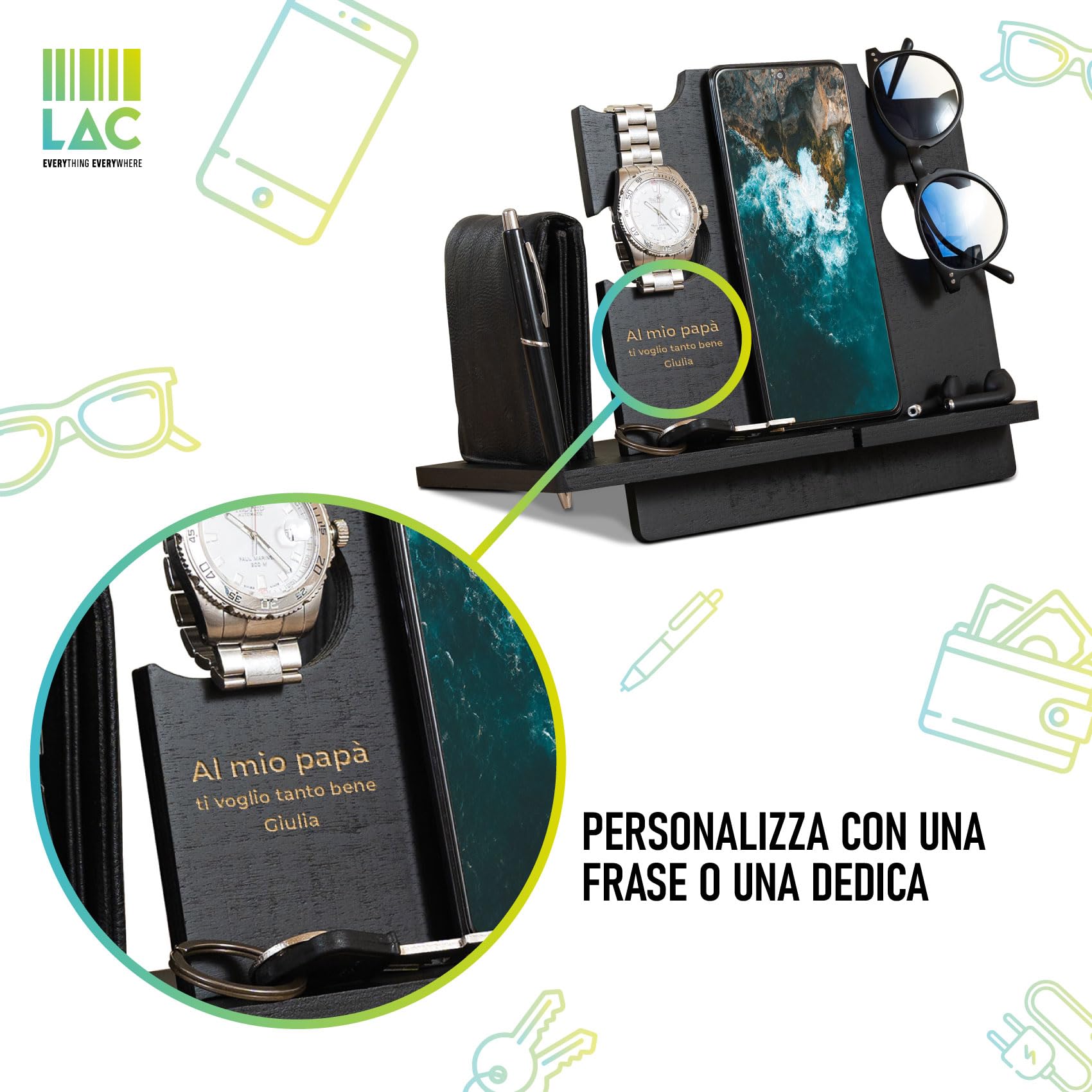 LAC Docking Station Personalizzata in Legno - Idee Regali Uomo Compleanno, Anniversario - Porta Oggetti Organizer Scrivania Regalo Idee Regalo Papà Personalizzato (Nero)