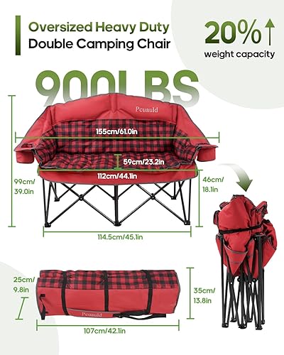 Miniatura 2 de Silla de campamento doble, sofá biplaza acolchado para adultos, asiento de dos personas de gran tamaño con bolsa de transporte 2 en 1, sofá plegable