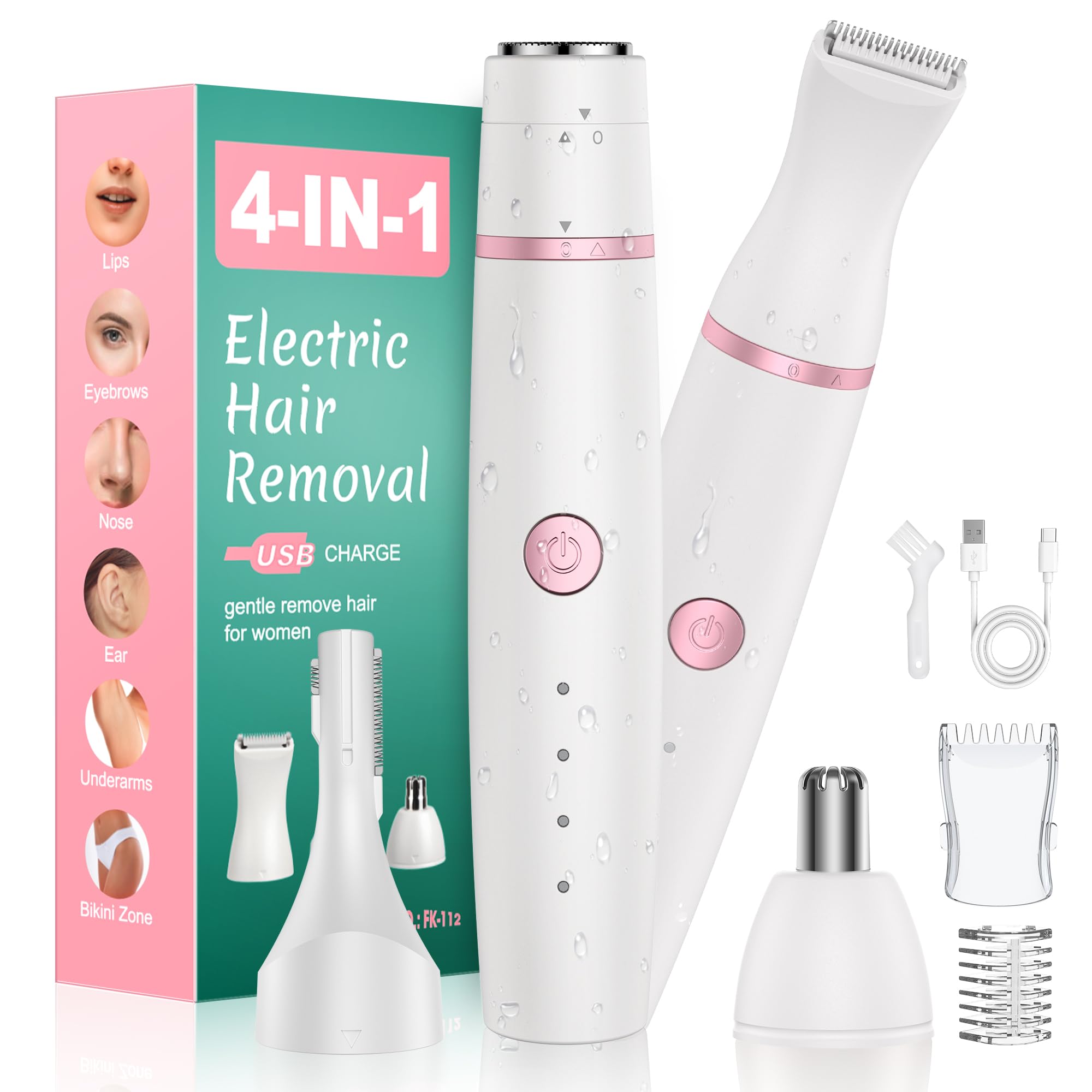 Rasierer Damen,4-In-1 Intimrasierer für Frauen,Gesichtshaarentferner,Nasenhaartrimmer&Augenbrauenrasier, Trocken&Nass Damenrasierer Elektrisch für Bikinizone,Gesicht,Nase/Ohren,IPX6&USB Aufladung Plug