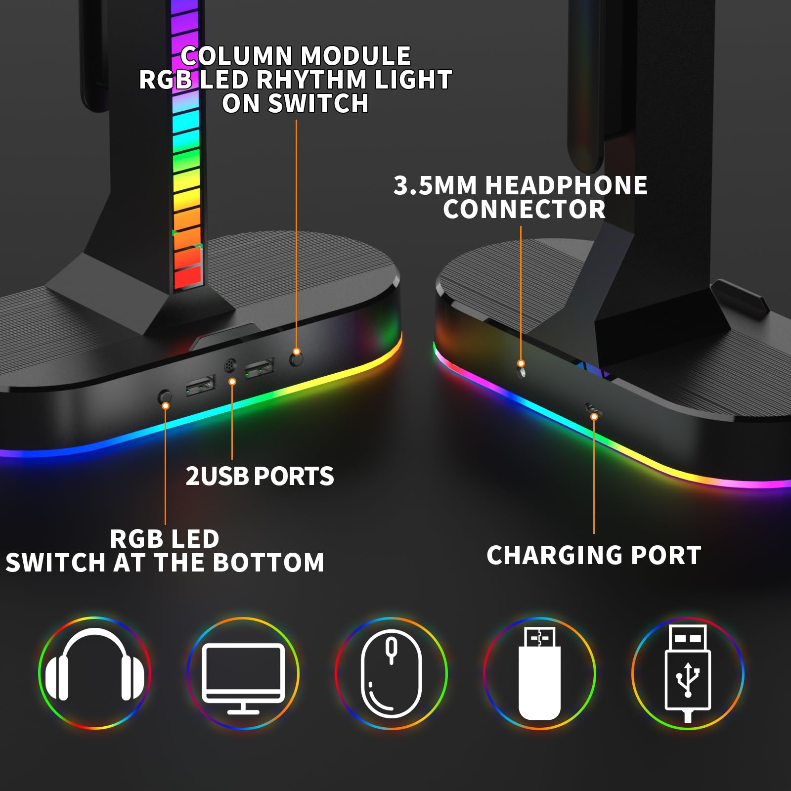 Podwójny stojak na słuchawki RGB z ładowarką USB, podwójny uchwyt na słuchawki gamingowe, wieszak z portem 2USB i portem audio 3,5 mm, światło LED RGB do wszystkich słuchawek, gier, gier, akcesoria do