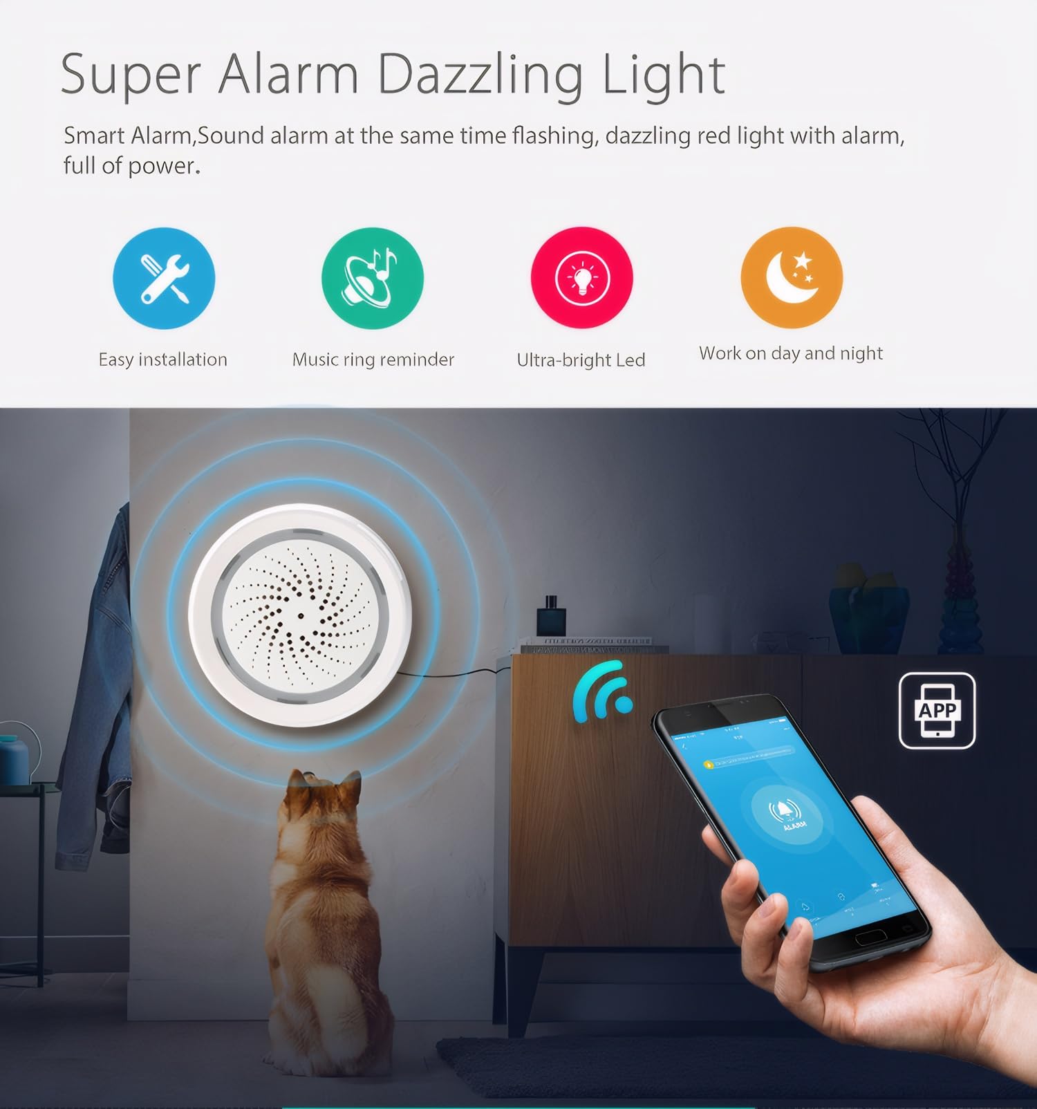 Mengshen Alarme WiFi Intelligente Sirène d'Alerte Forte de 100 dB avec Lumière Stroboscopique pour la Sécurité à Domicile et Contrôle à Distance via l'application Fonctionne avec Tuya/Smart Life/Alexa