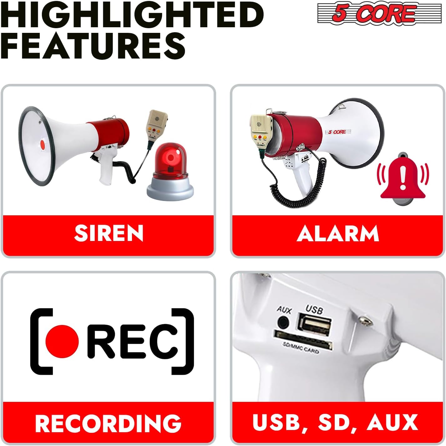 5 CORE Megaphone 50W Bull Horn Professional PA Speaker w 1200 Yards Range Loud Siren Voice Amplifier USB/SD/3.5mm Aux Portable Megafono - 66SF