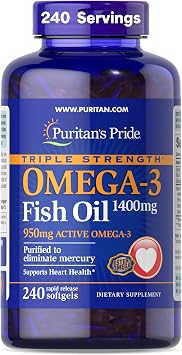 Puritans Pride Triple Strength Omega-3 Fish Oil 1400mg, Active Omega-3 950mg, Dietary Supplement for Heart, Joint, and Cellular Health Support, 240 Rapid Release Softgels Packaging May Vary