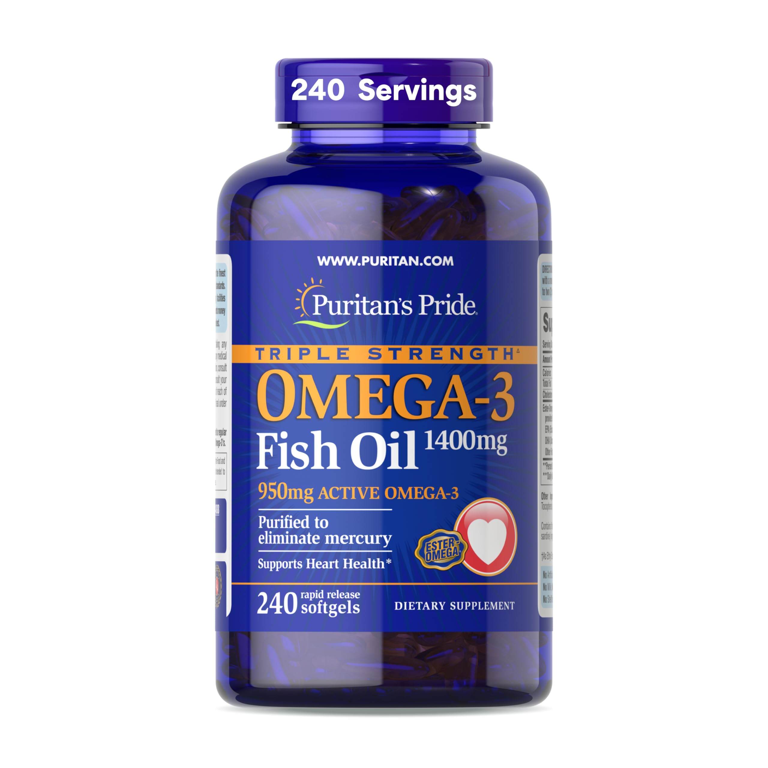 Triple Strength Omega-3 Fish Oil 1400mg, Active Omega-3 950mg, Dietary Supplement for Heart, Joint, and Cellular Health Support, 240 Rapid Release Softgels (Packaging May Vary)