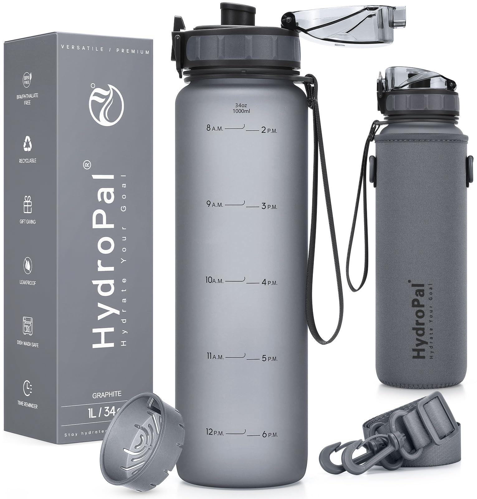 Unistar Water Bottle with Time Marker -Large 34 oz Tritan Bottle & No Sweat Sleeve -Leak Proof Gym Sports Bottle with Fruit Infuser Strainer & Carrying Strap - Gift Package for Christmas