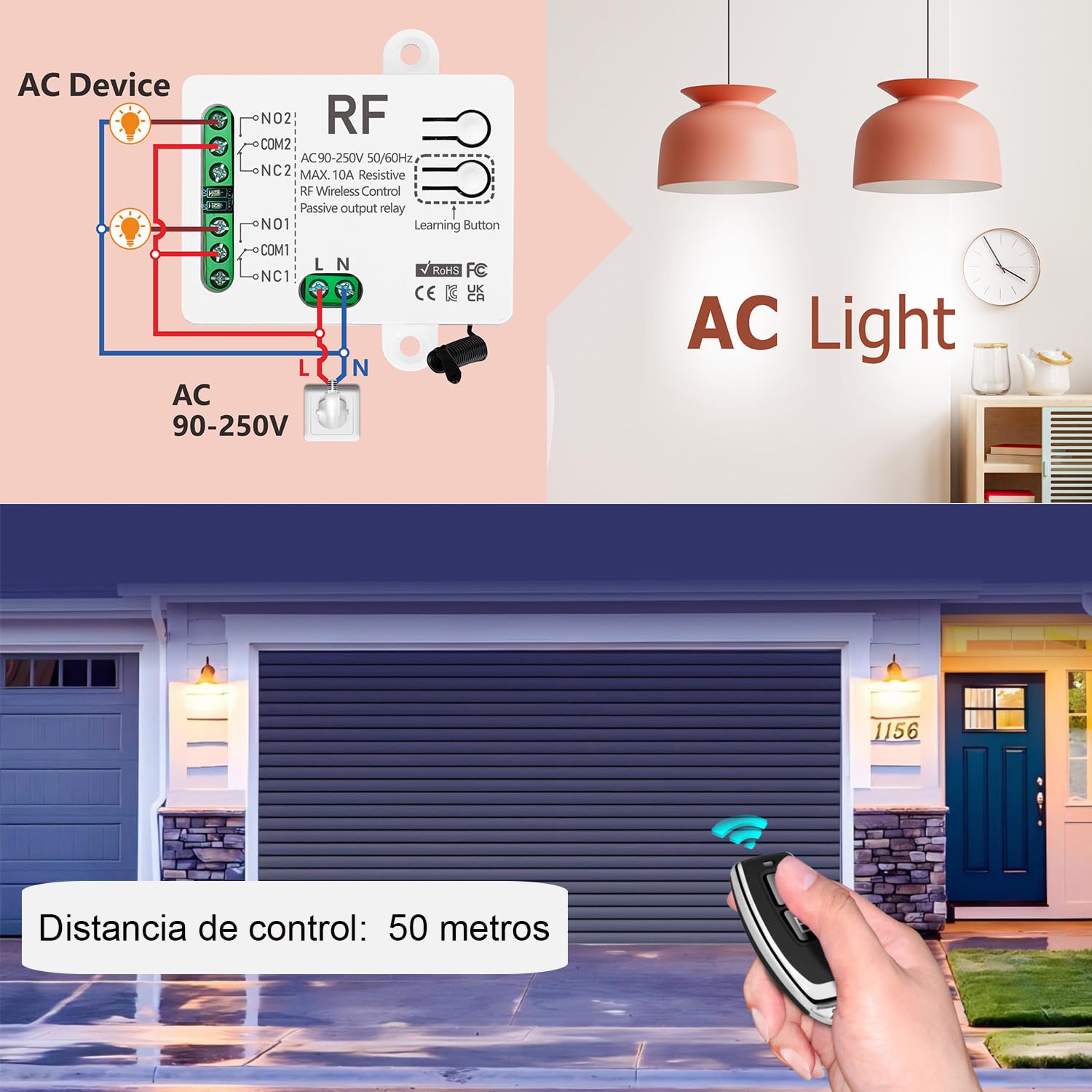 RF 433Mhz Interruptor De Controlo Remoto Inalámbrico, CA 220V 230V O DC5V 10A 2 Canales Recetor De Relé E 2 Transmissores Para Motor Porta Garagem Cortina Elétrica Luz