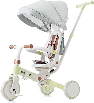BTM 7-in-1 Children s Folding Stroller/Tricycle/Bicycle, Cover, Push Rod Included, Safety Belt, for 1/2/4 Year-Olds, Ultra Lightweight, Rotating Seat, Adjustable Handlebars, Ride-on Toy, Easy Assembly