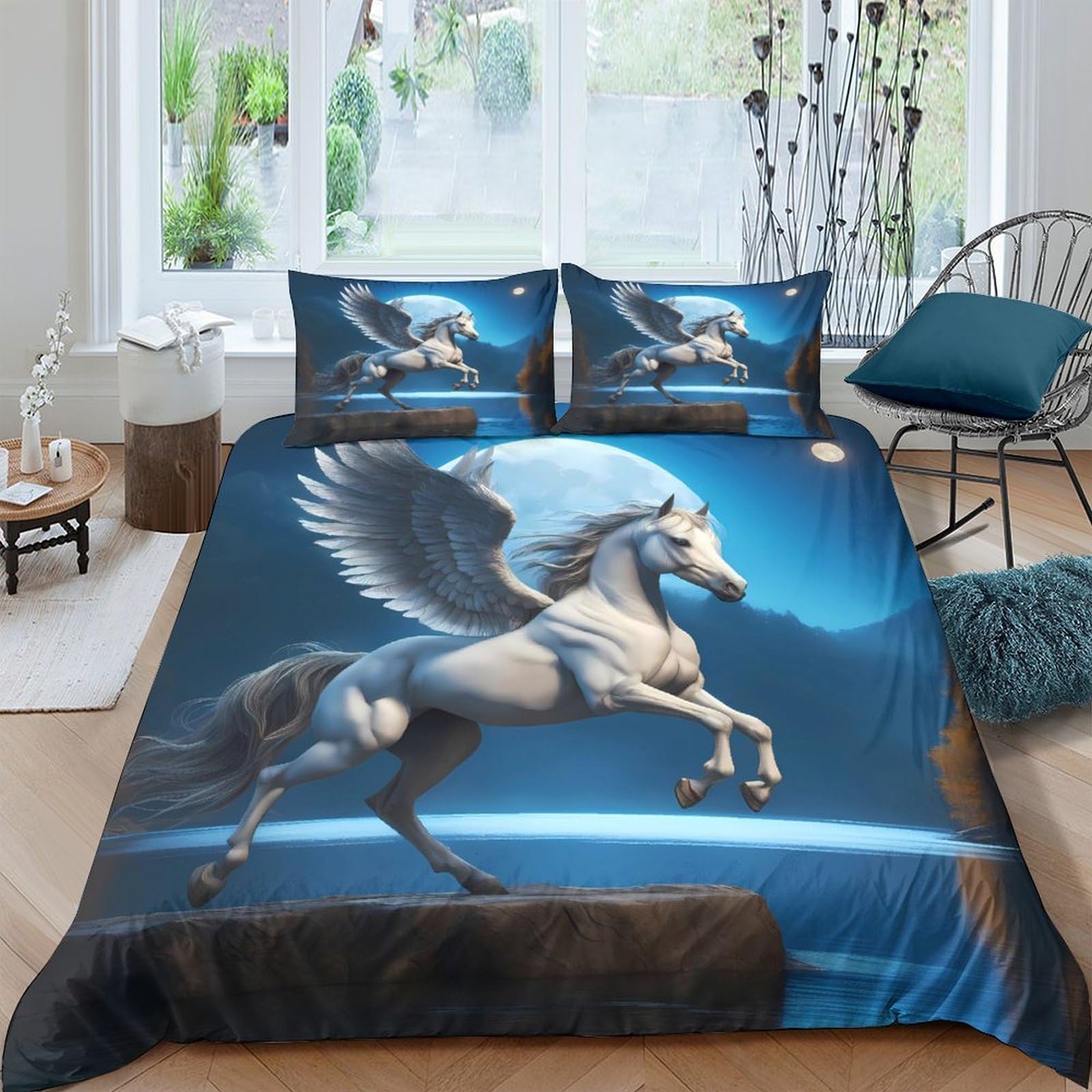 Ctjqhvkz Style-8 3D Printed Moonlight Pegasus Fitted Sheet Microfiber Soft Anti-Slip Starry Cliff Bed Cover For Bedroom Dorm Mattress Decor Single（135X200cm）