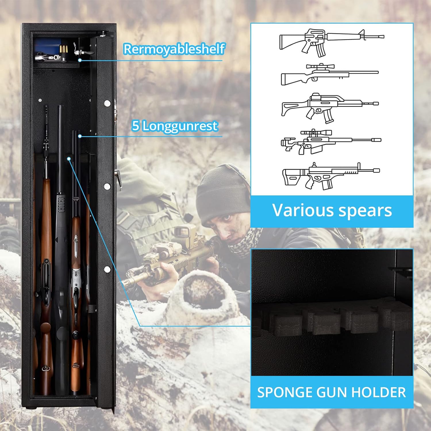 Gun Safe, Gun safes For Home Rifle and Pistols, Quick Access Rifles Shotguns Gun Cabinets,5-6 Rifle Safe, with Removable Gun Racks and Pistol Lock Box, Removable Storage Shelf