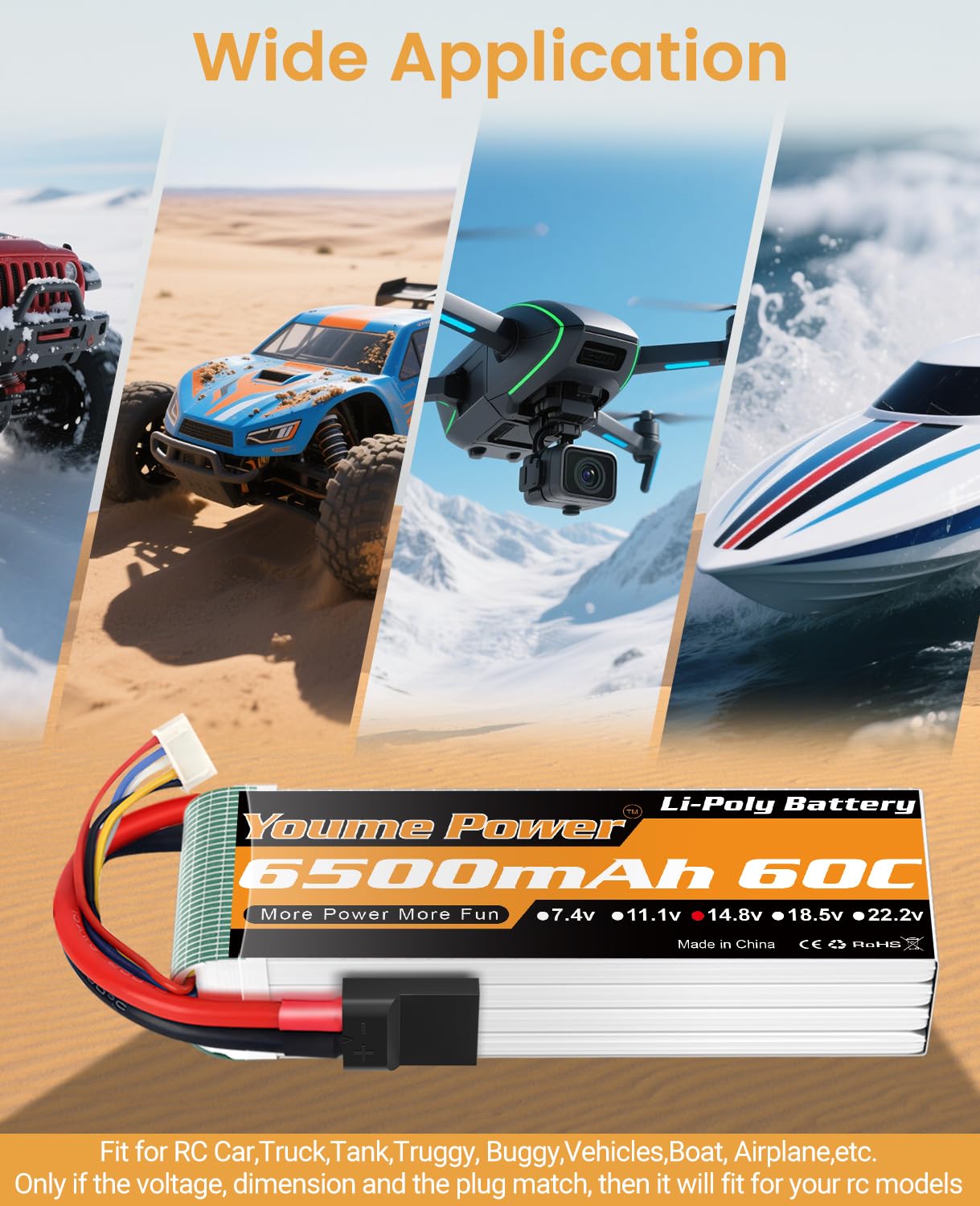 4S RC Lipo Batería 14.8V 6500mAh Lipo Batería 60C con conector Tr funda suave compatible con Maxx X-Maxx RC Buggy Truggy Crawler Monster Truck Vehículo Drone Helicóptero Avión (2 paquetes)