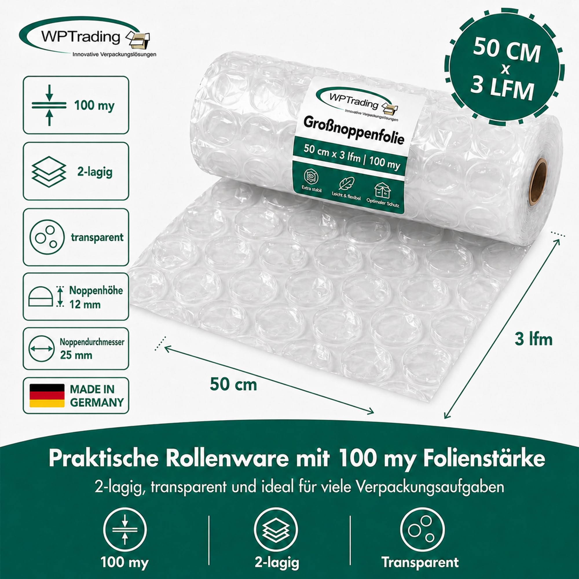 8 x Rolle Großnoppenfolie 50 cm x 3 m (2-lagige mit 100 my) - Noppenfolie 50cm breit mit Noppenhöhe 12 mm - Extra Stoßdämpfende Luftpolster- & Verpackungsfolie reißfest Versand & Umzug