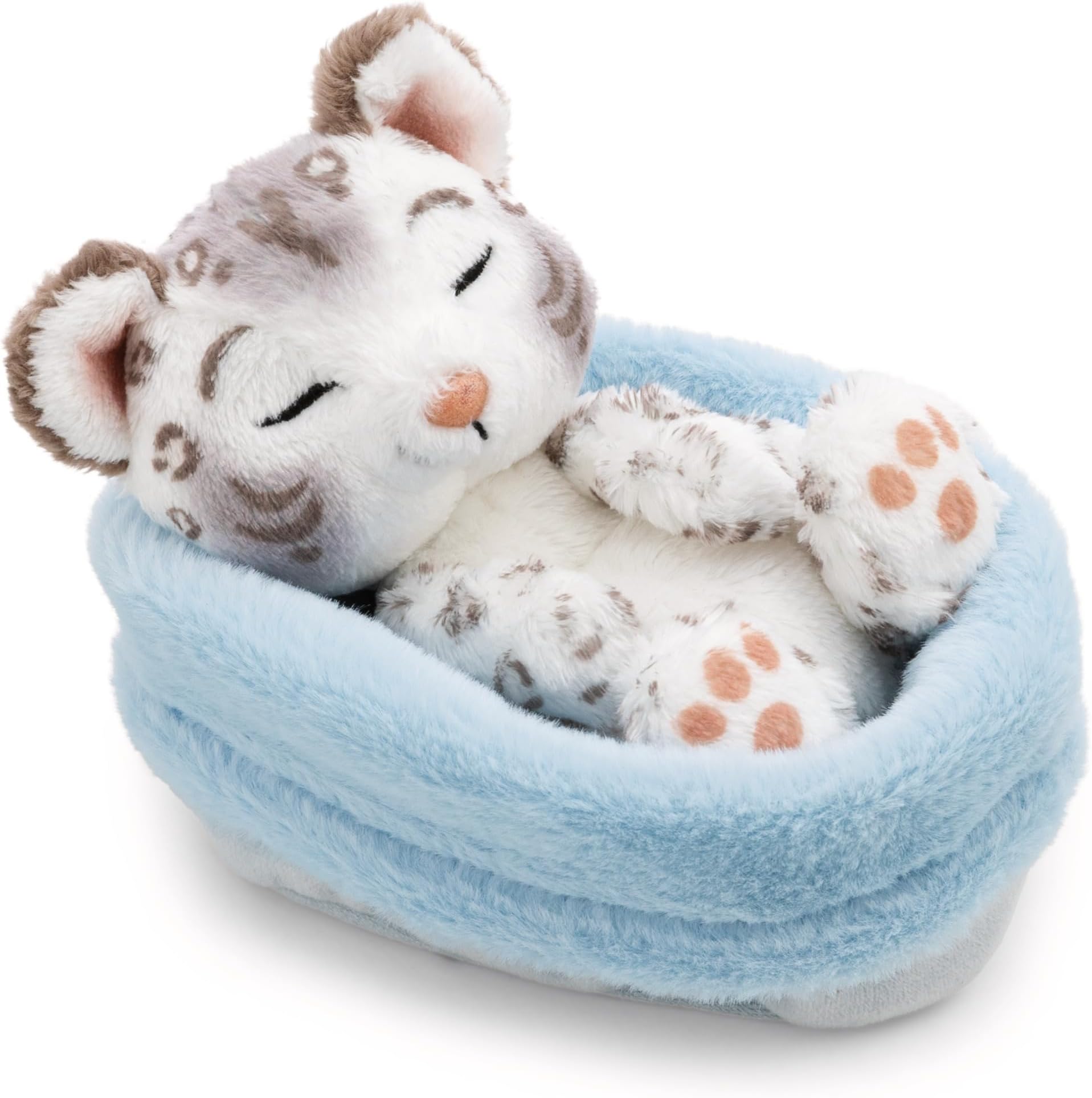 Cuddly Toy Snow Leopard 12 cm Sleeping in Basket - White - Soft Plush Toy - Cute Plush Toy for Cuddling and Playing, for Children and Adults, Great Gift Idea