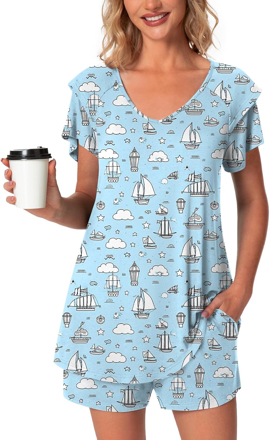 Aodemo Womens Summer Pajama Sets Ruffle Short Sleeves Sleepwear 2 Piece Pjs Lounge Short Pants with Pockets - Image 2