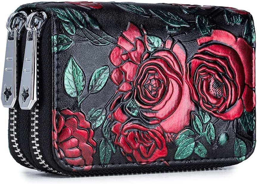 Porte-carte RFID en cuir véritable rose rouge pour femme élégante, étui grande capacité