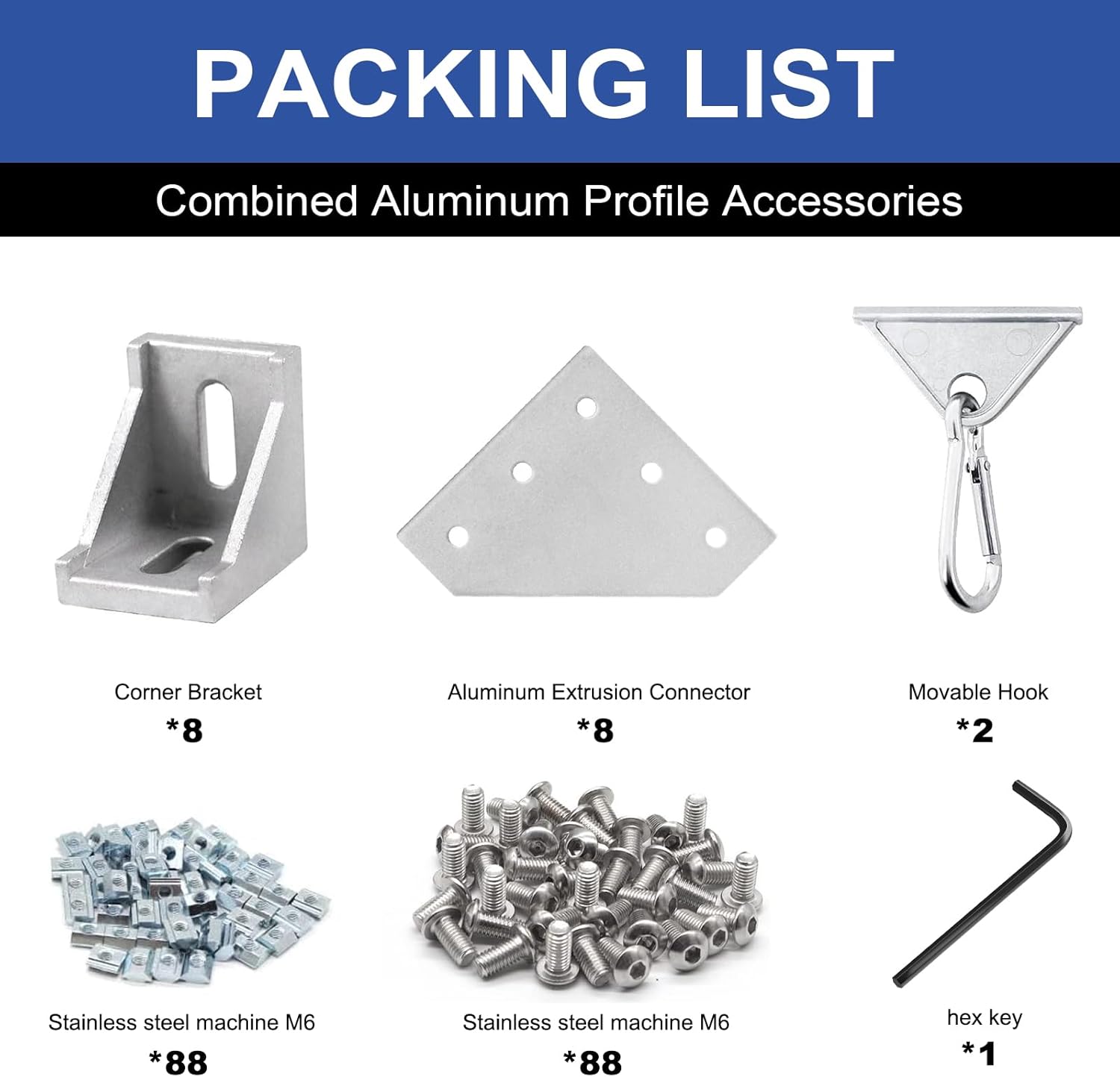 34 Pack 3030 Corner Bracket Aluminum Extrusion Hardware Accessories Include L-Shaped Plate, Corner Angle, Sliding Hook for 30x30 Series Extruded Aluminum Silver