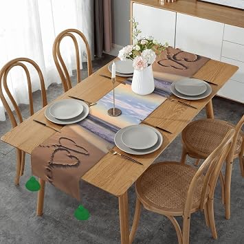 Beach Love Print Christmas Table Runner Linen with Tassel Table Cloth Long Table Linens for Dining Table Decorations 14x60in