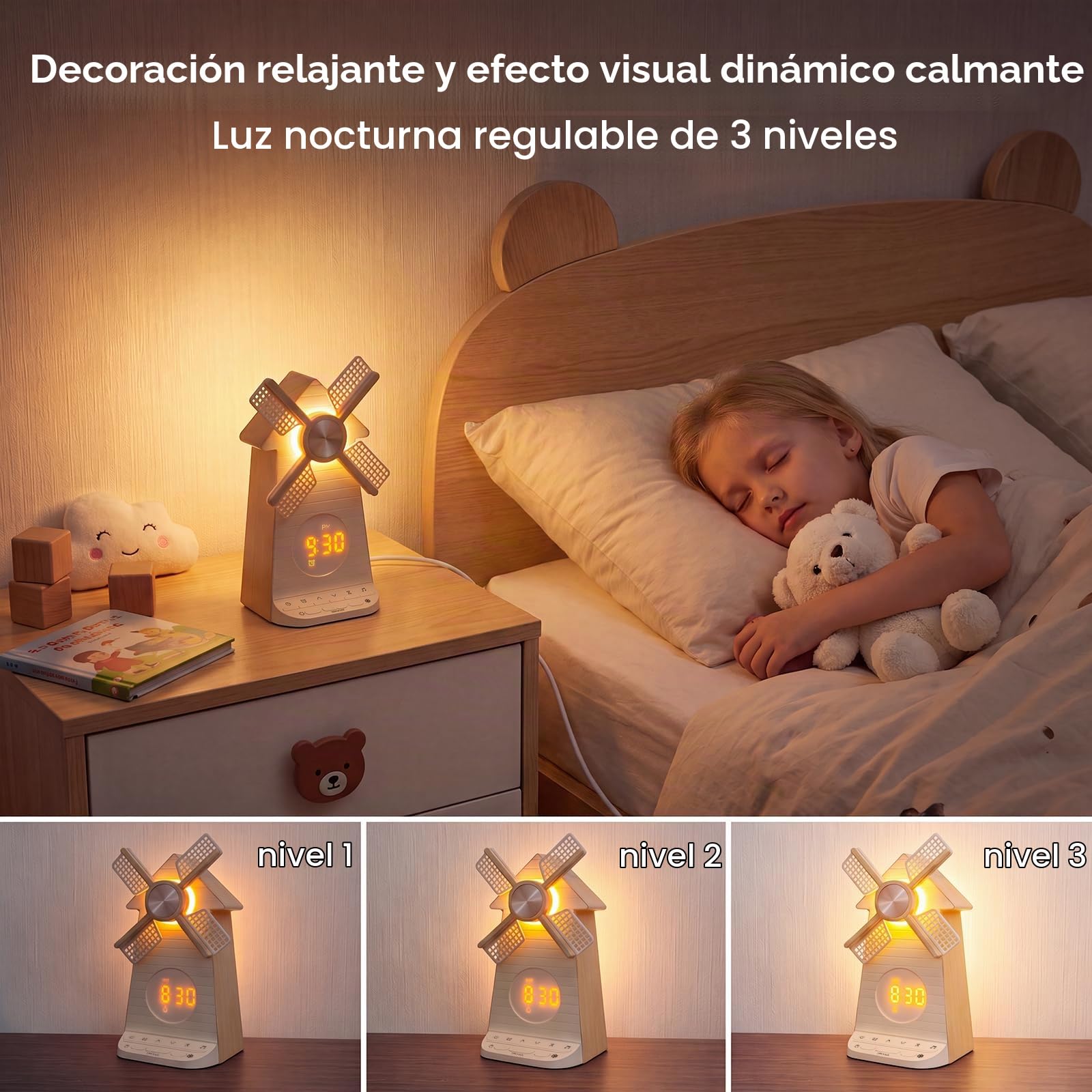 RETEYUNG Despertador Molino Viento Giratorio Amanecer, Puerto Carga USB | Reloj Despertador, Luz Nocturna, Alarma LED con Función Snooze, 20 Sonidos Relajantes, Regalo para Niños y Adultos