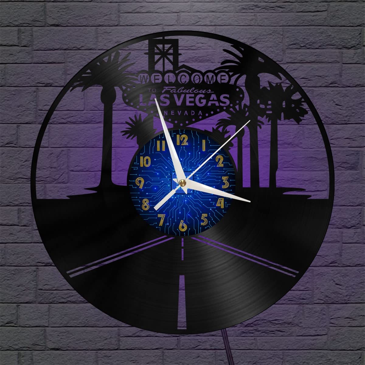 Horloge murale en vinyle Las Vegas lumineux LED déco salon design rétro 30 cm